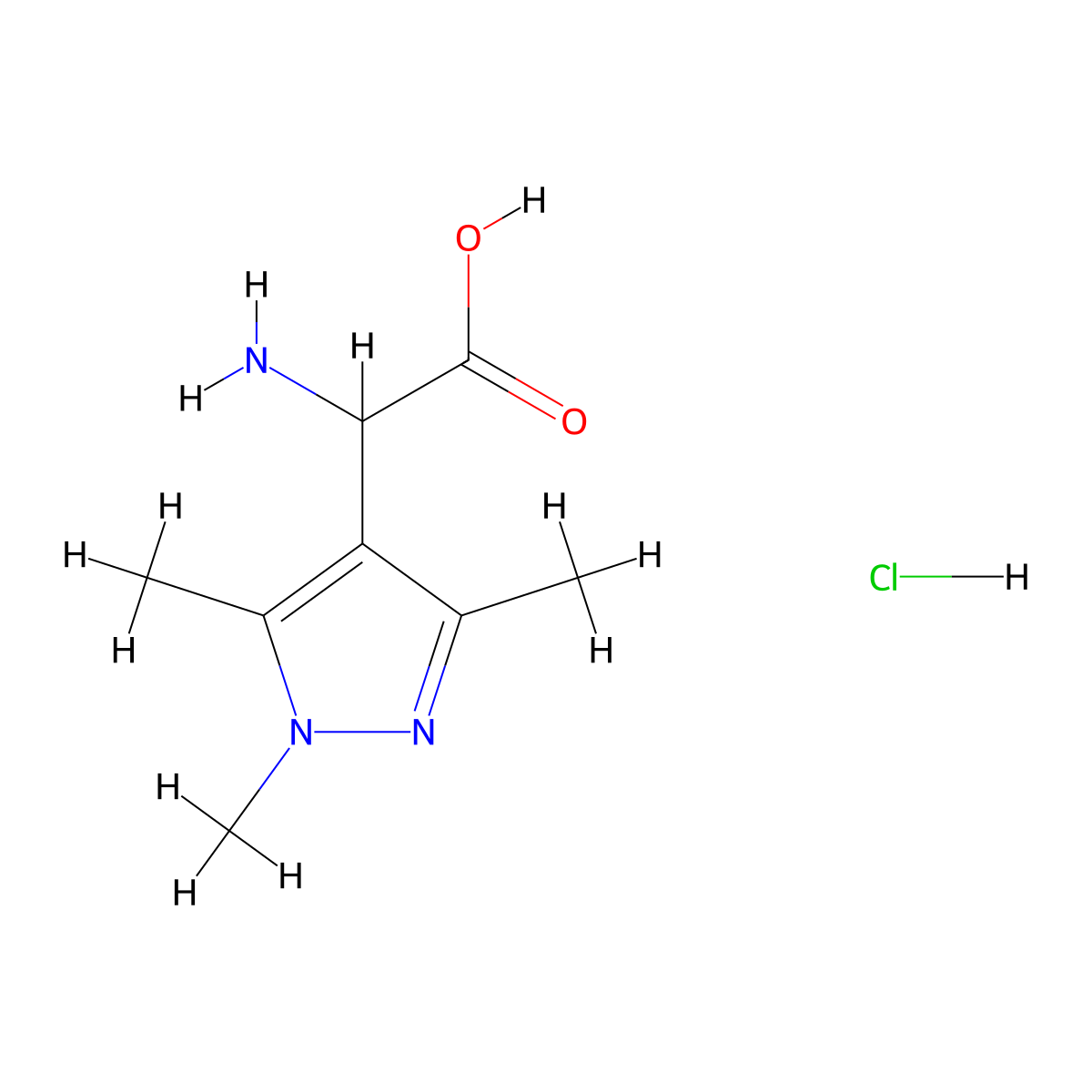 2-amino-2-(trimethyl-1H-pyrazol-4-yl)acetic acid hydrochloride molecular structure, CAS 1025458-31-4