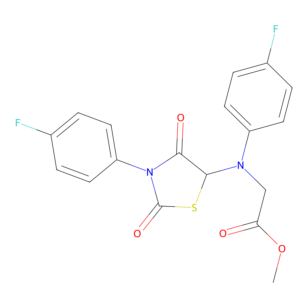 Methyl 2-((4-fluorophenyl)(3-(4-fluorophenyl)-2,4-dioxothiazolidin-5-yl)amino)acetate molecular structure, CAS 1025499-85-7