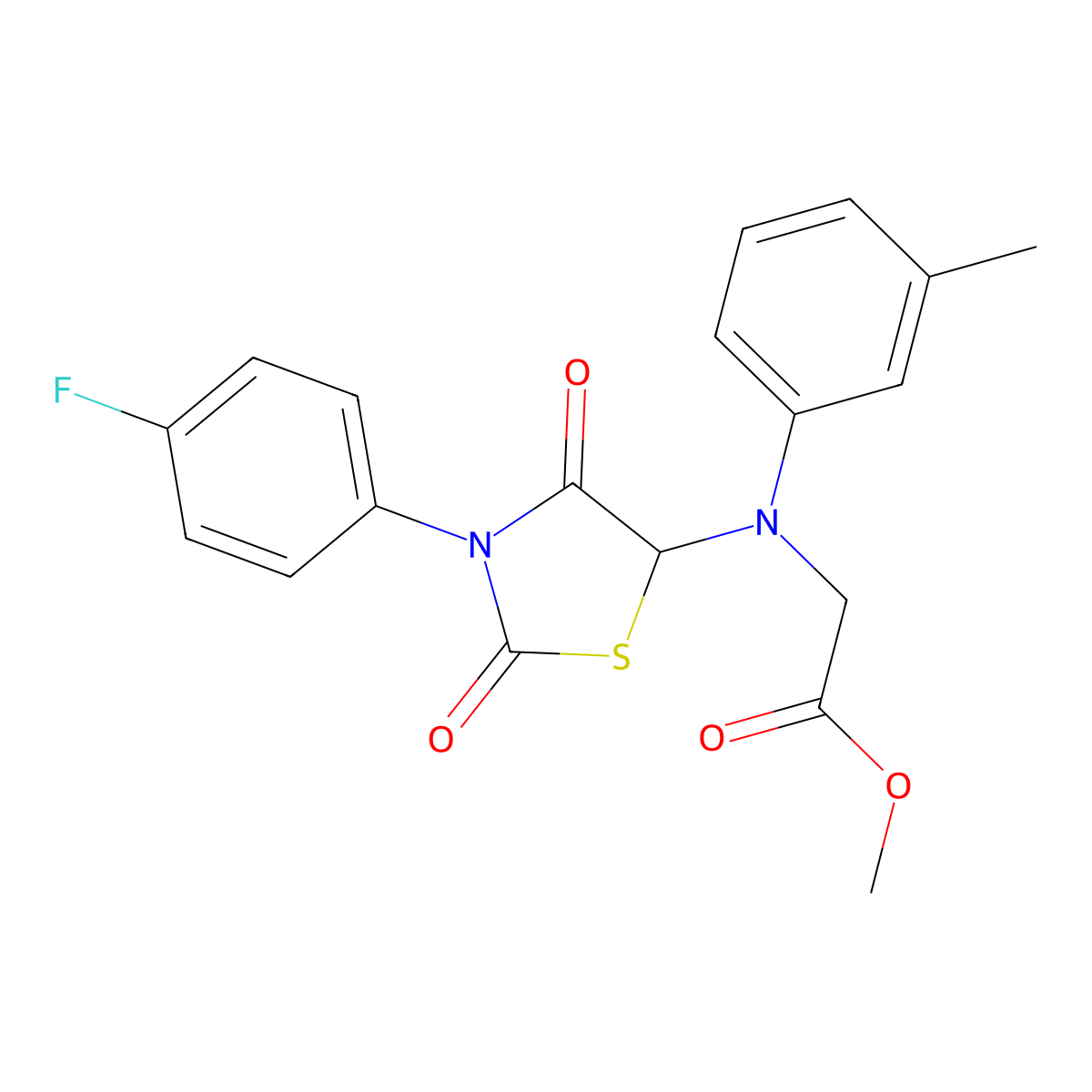 Methyl 2-((3-(4-fluorophenyl)-2,4-dioxothiazolidin-5-yl)(m-tolyl)amino)acetate molecular structure, CAS 1025500-39-3