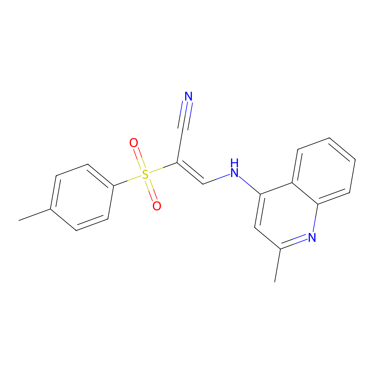 (E)-2-(4-methylphenyl)sulfonyl-3-[(2-methylquinolin-4-yl)amino]prop-2-enenitrile molecular structure, CAS 1025568-34-6