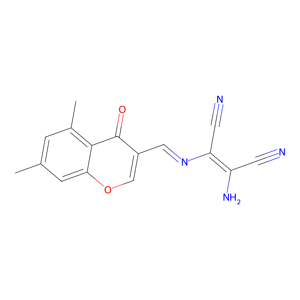 2-Amino-3-[(5,7-dimethyl-4-oxochromen-3-yl)methylideneamino]but-2-enedinitrile molecular structure, CAS 1025609-04-4