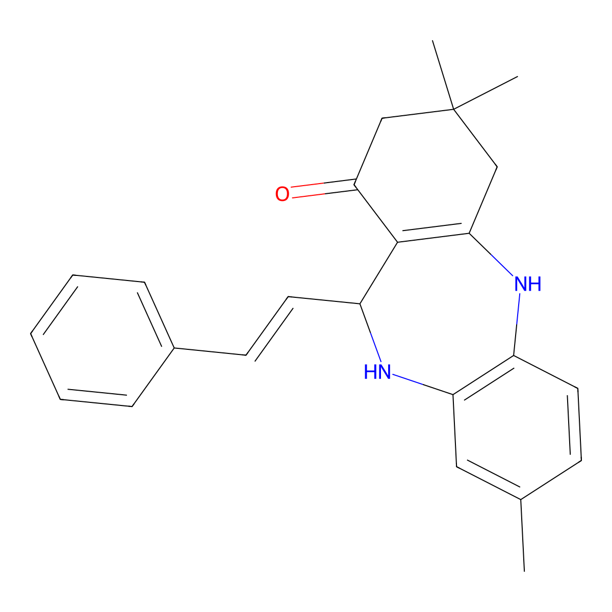 3,9,9-trimethyl-6-[(E)-2-phenylethenyl]-6,8,10,11-tetrahydro-5H-benzo[b][1,4]benzodiazepin-7-one molecular structure, CAS 1025658-27-8