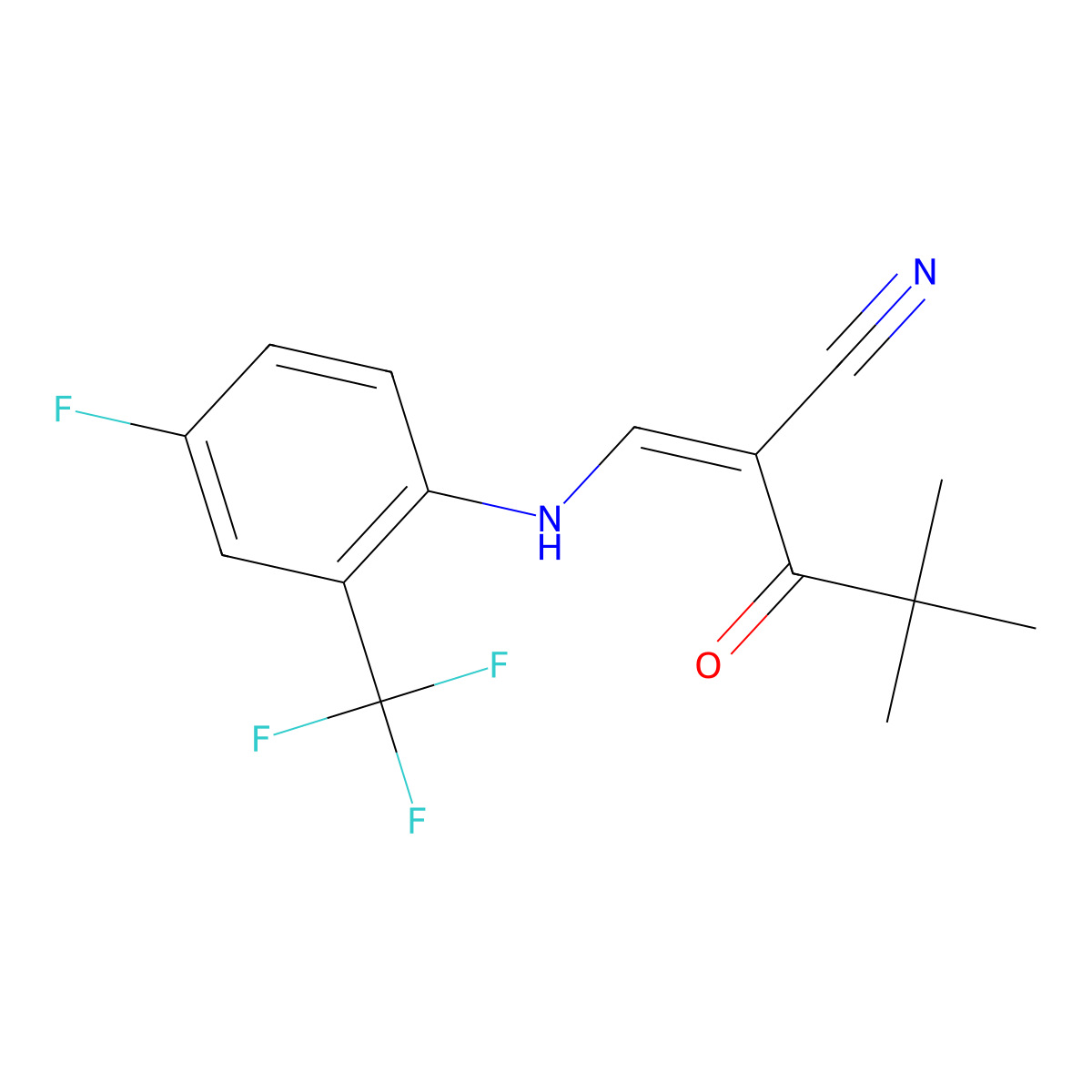 (2E)-2-[[4-fluoro-2-(trifluoromethyl)anilino]methylidene]-4,4-dimethyl-3-oxopentanenitrile molecular structure, CAS 1025659-82-8