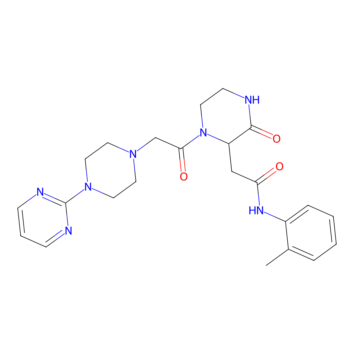 N-(2-methylphenyl)-2-(3-oxo-1-{2-[4-(2-pyrimidinyl)piperazino]acetyl}-2-piperazinyl)acetamide molecular structure, CAS 1025686-02-5