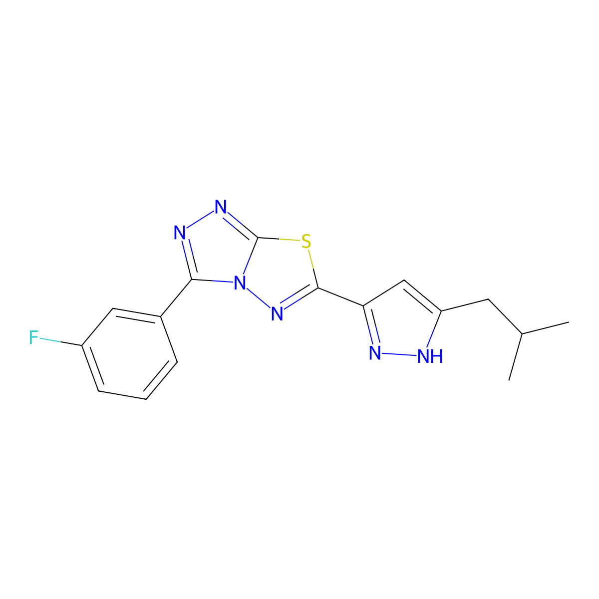3-(3-fluorophenyl)-6-(3-isobutyl-1H-pyrazol-5-yl)[1,2,4]triazolo[3,4-b][1,3,4]thiadiazole molecular structure, CAS 1025686-75-2