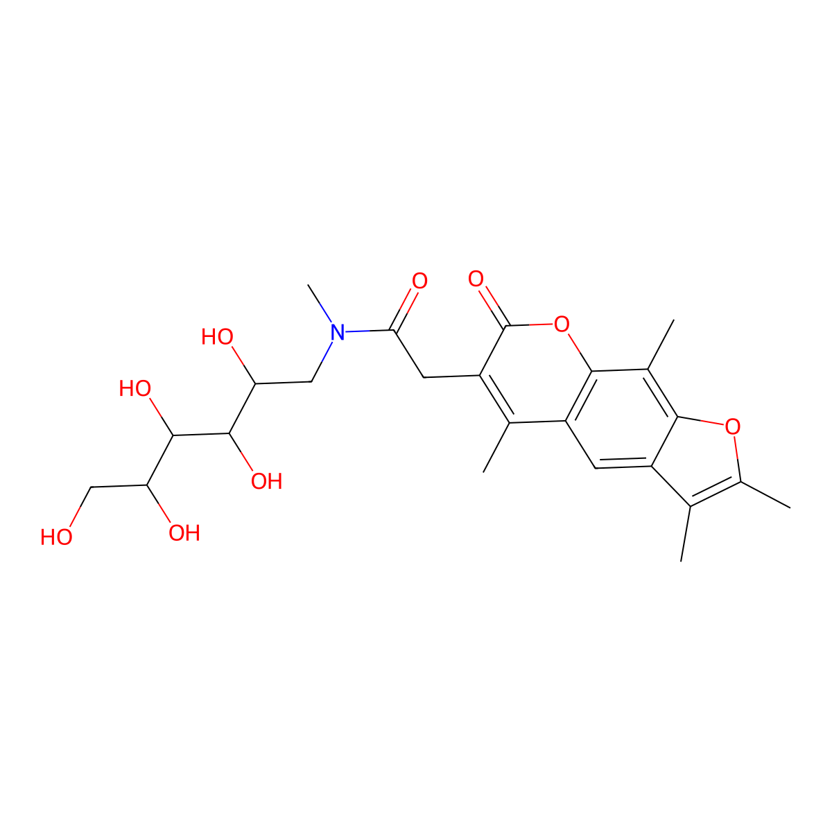1-deoxy-1-{methyl[(2,3,5,9-tetramethyl-7-oxo-7H-furo[3,2-g]chromen-6-yl)acetyl]amino}hexitol molecular structure, CAS 1025688-48-5