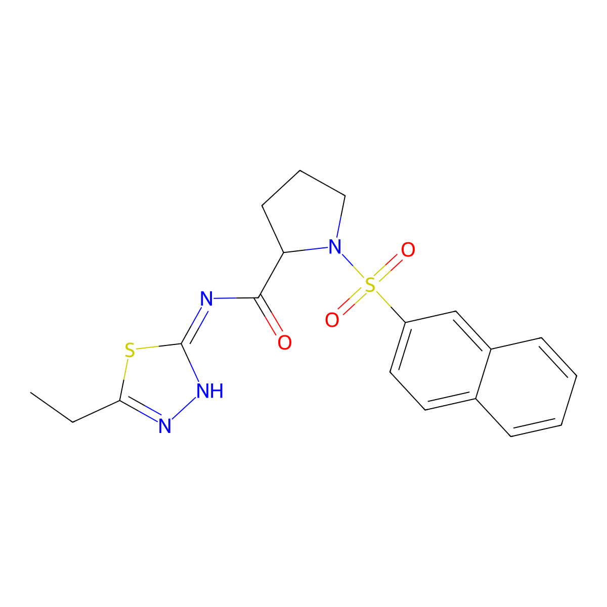 (E)-N-(5-ethyl-1,3,4-thiadiazol-2(3H)-ylidene)-1-(naphthalen-2-ylsulfonyl)prolinamide molecular structure, CAS 1025709-15-2