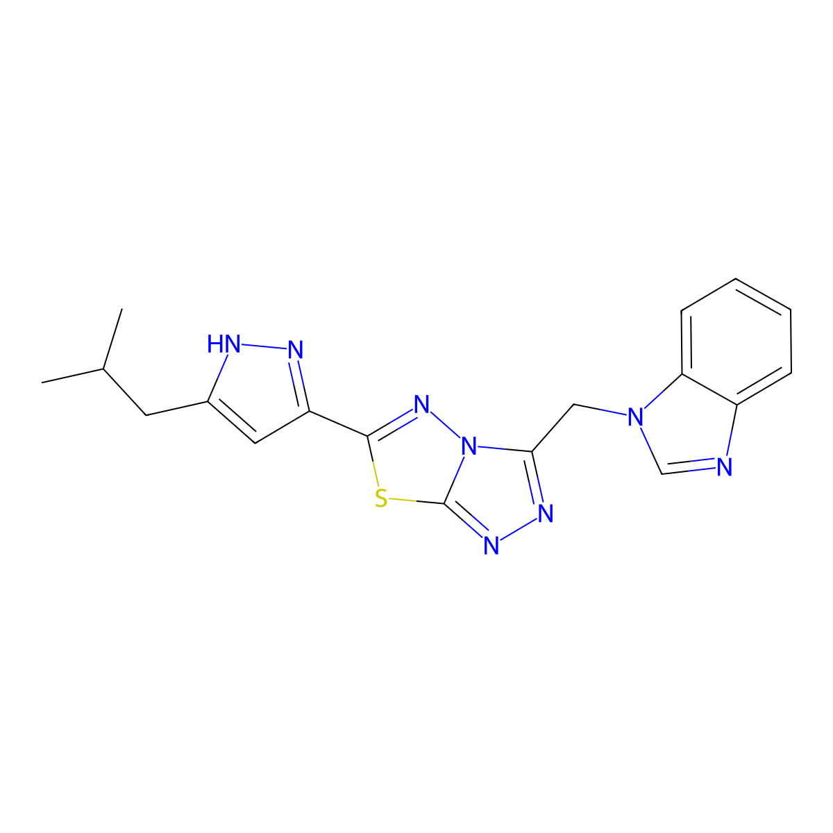 1-({6-[5-(2-methylpropyl)-1H-pyrazol-3-yl][1,2,4]triazolo[3,4-b][1,3,4]thiadiazol-3-yl}methyl)-1H-benzimidazole molecular structure, CAS 1025714-50-4