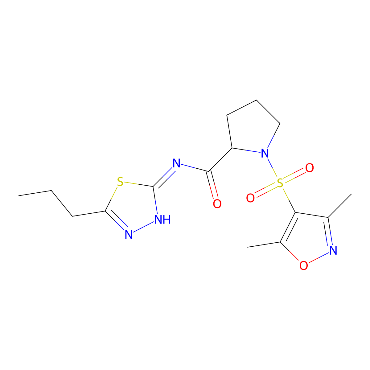 {1-[(3,5-dimethylisoxazol-4-yl)sulfonyl]pyrrolidin-2-yl}-N-(5-propyl(1,3,4-thi adiazol-2-yl))carboxamide molecular structure, CAS 1025714-76-4