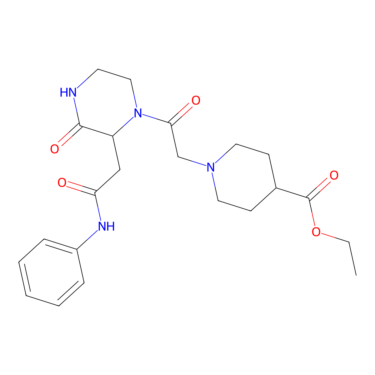 Ethyl 1-(2-oxo-2-(3-oxo-2-(2-oxo-2-(phenylamino)ethyl)piperazin-1-yl)ethyl)piperidine-4-carboxylate molecular structure, CAS 1025721-51-0