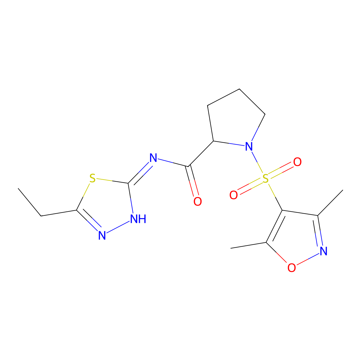 {1-[(3,5-dimethylisoxazol-4-yl)sulfonyl]pyrrolidin-2-yl}-N-(5-ethyl(1,3,4-thia diazol-2-yl))carboxamide molecular structure, CAS 1025722-30-8
