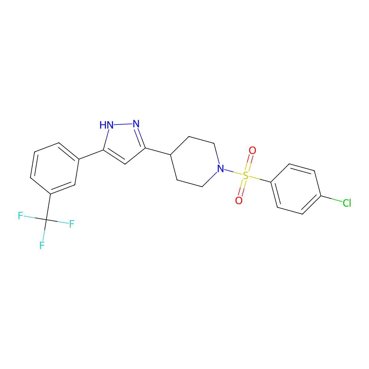 1-(4-chlorophenyl)sulfonyl-4-[3-[3-(trifluoromethyl)phenyl]-1H-pyrazol-5-yl]piperidine molecular structure, CAS 1025724-67-7
