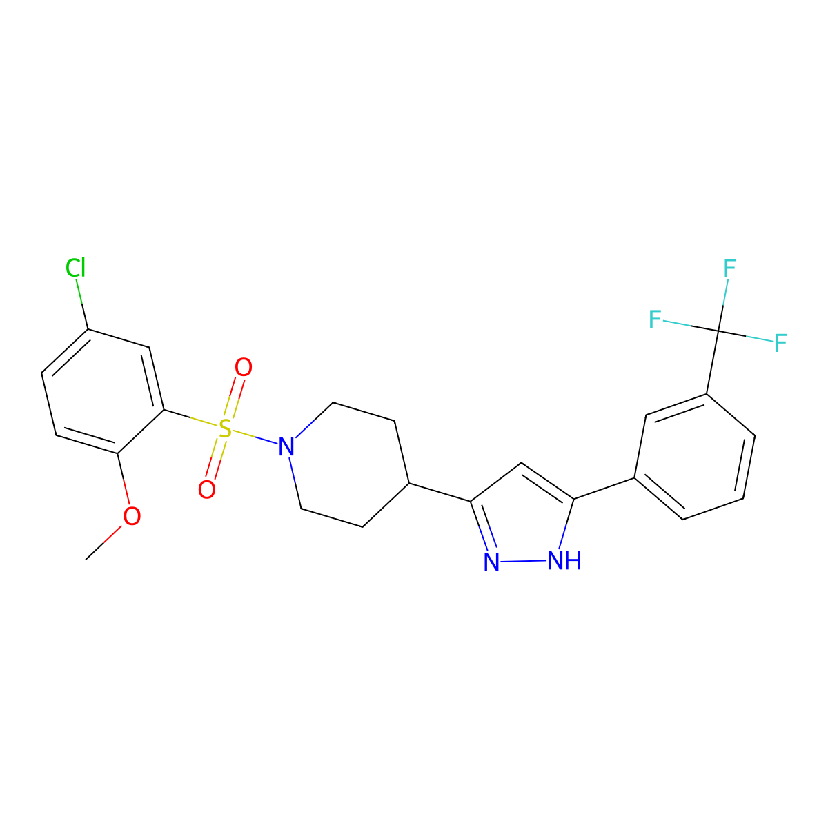 1-(5-chloro-2-methoxyphenyl)sulfonyl-4-[3-[3-(trifluoromethyl)phenyl]-1H-pyrazol-5-yl]piperidine molecular structure, CAS 1025724-69-9