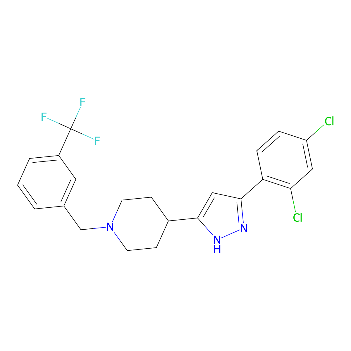 4-[3-(2,4-dichlorophenyl)-1H-pyrazol-5-yl]-1-[[3-(trifluoromethyl)phenyl]methyl]piperidine molecular structure, CAS 1025724-79-1