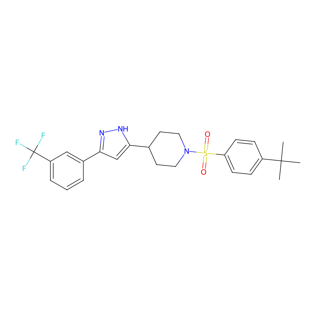 1-(4-tert-butylphenyl)sulfonyl-4-[3-[3-(trifluoromethyl)phenyl]-1H-pyrazol-5-yl]piperidine molecular structure, CAS 1025724-85-9