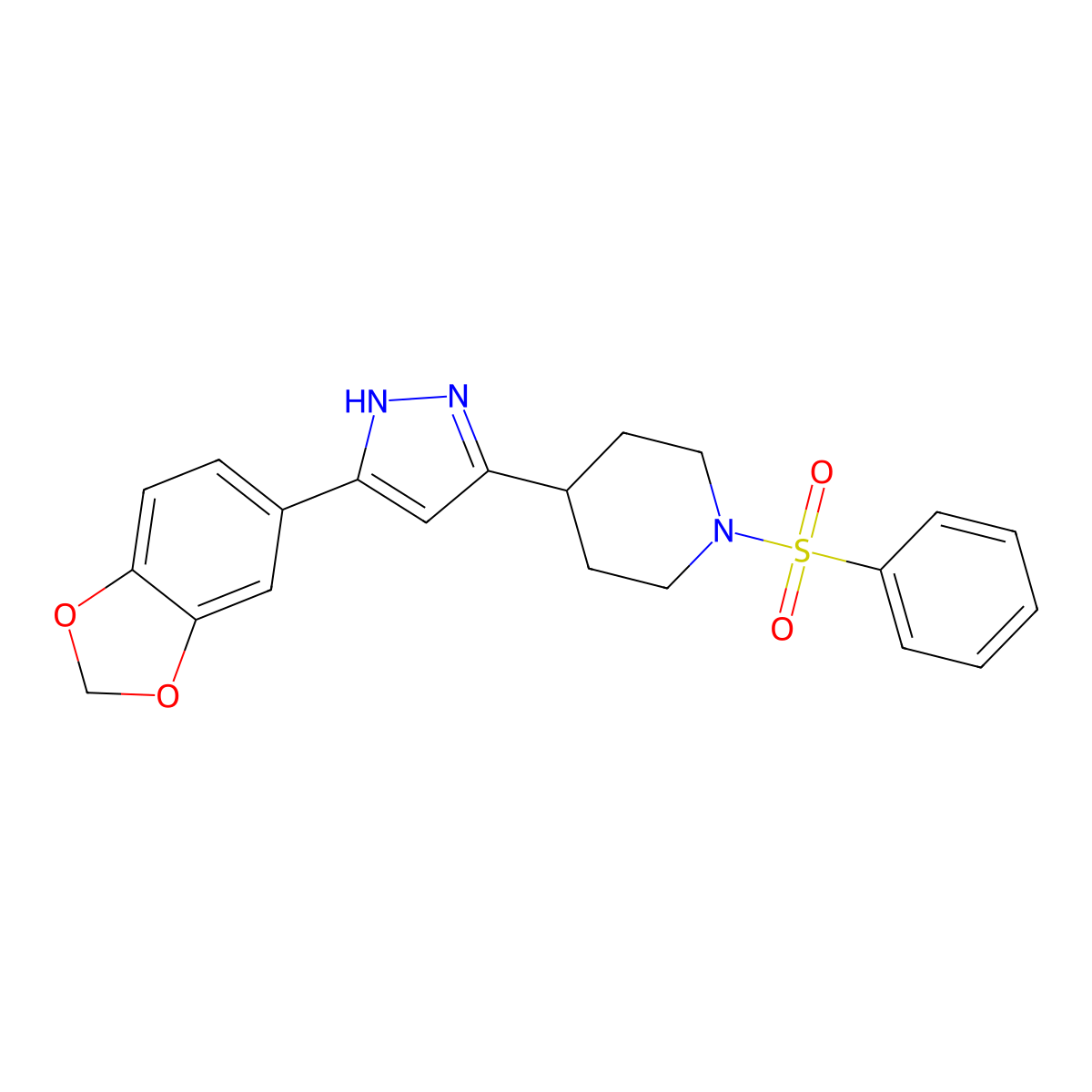 1-(benzenesulfonyl)-4-[3-(1,3-benzodioxol-5-yl)-1H-pyrazol-5-yl]piperidine molecular structure, CAS 1025724-86-0