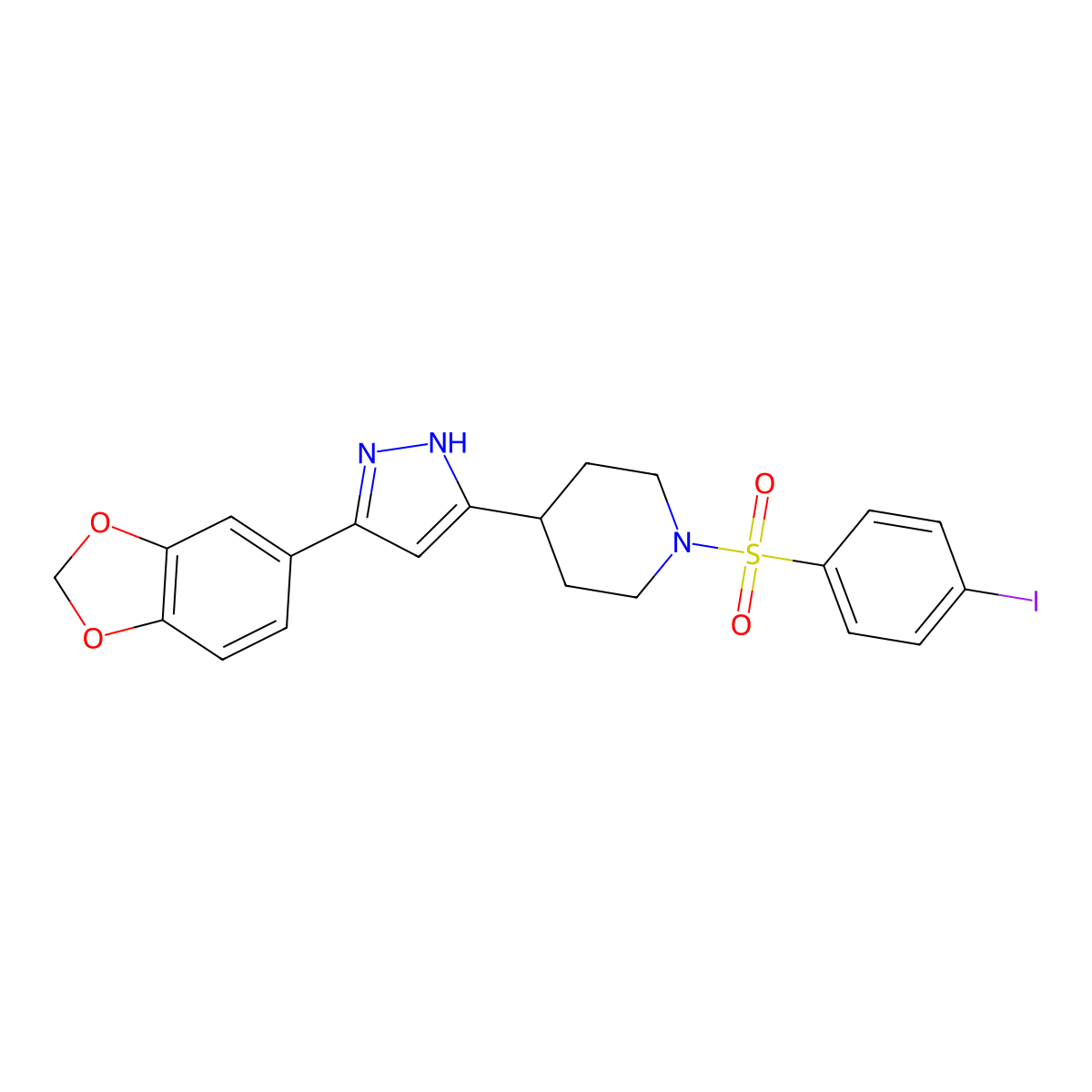 4-[3-(1,3-benzodioxol-5-yl)-1H-pyrazol-5-yl]-1-(4-iodophenyl)sulfonylpiperidine molecular structure, CAS 1025724-87-1