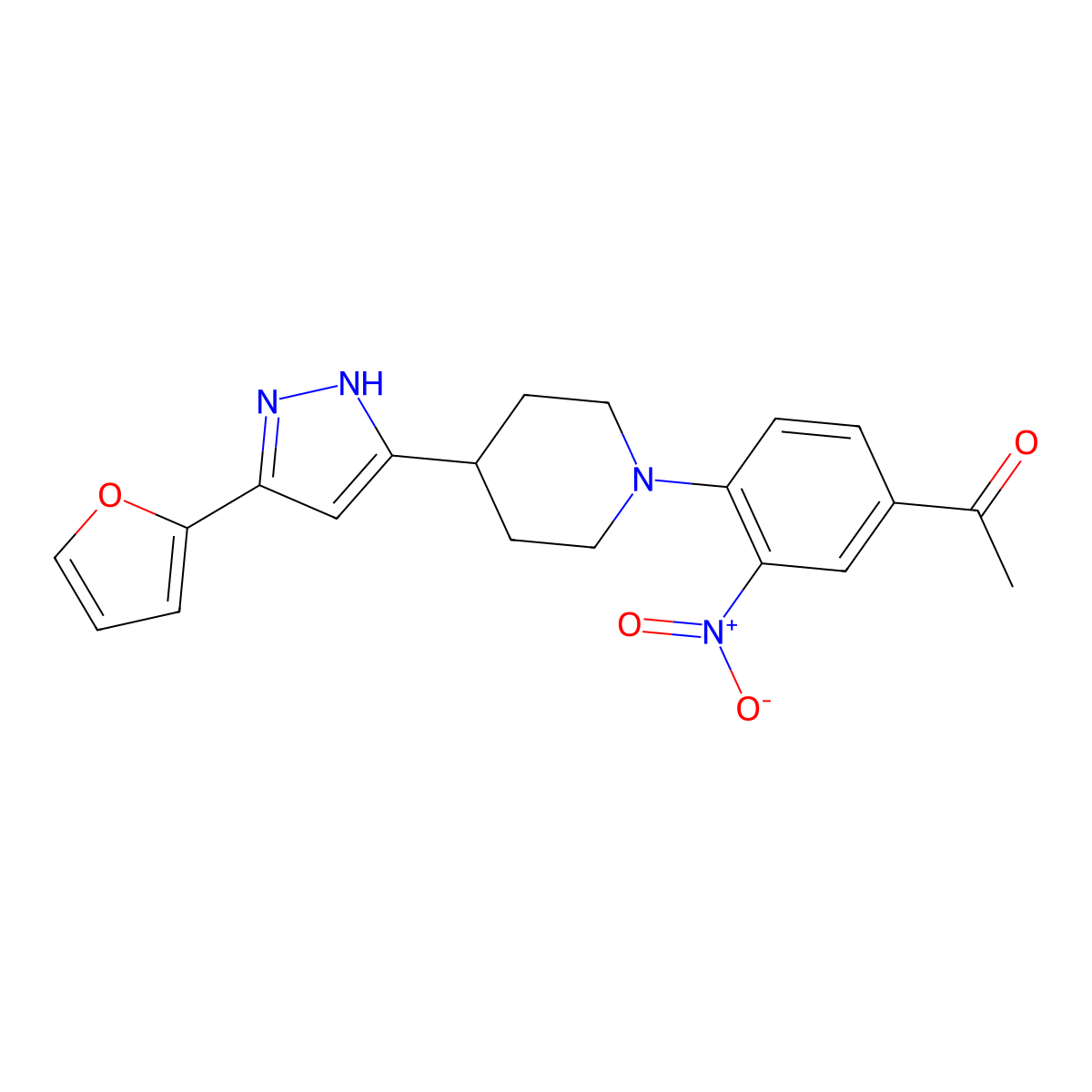 1-(4-{4-[5-(2-furyl)-1H-pyrazol-3-yl]piperidino}-3-nitrophenyl)-1-ethanone molecular structure, CAS 1025725-16-9