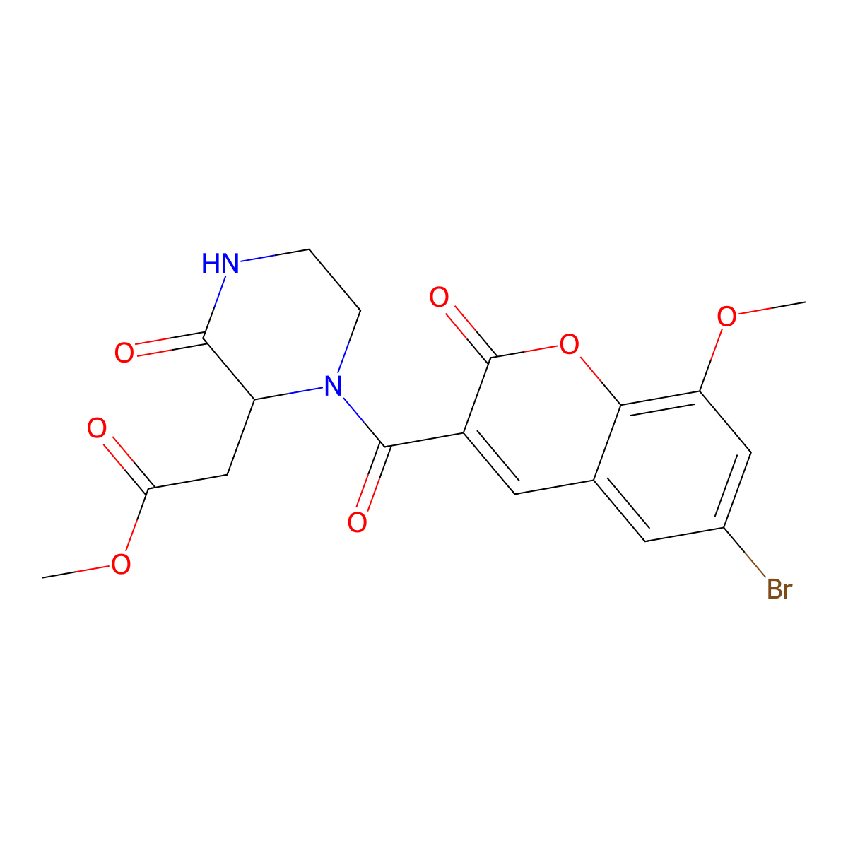methyl 2-[1-(6-bromo-8-methoxy-2-oxo-2H-chromene-3-carbonyl)-3-oxopiperazin-2-yl]acetate molecular structure, CAS 1025736-81-5