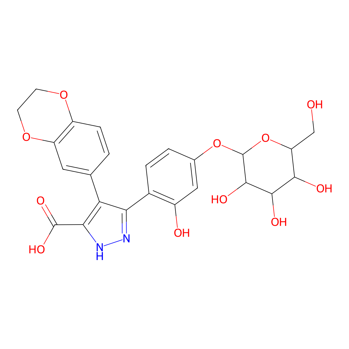 4-(2,3-dihydro-1,4-benzodioxin-6-yl)-3-[2-hydroxy-4-[3,4,5-trihydroxy-6-(hydroxymethyl)oxan-2-yl]oxyphenyl]-1H-pyrazole-5-carboxylic acid molecular structure, CAS 1025755-62-7