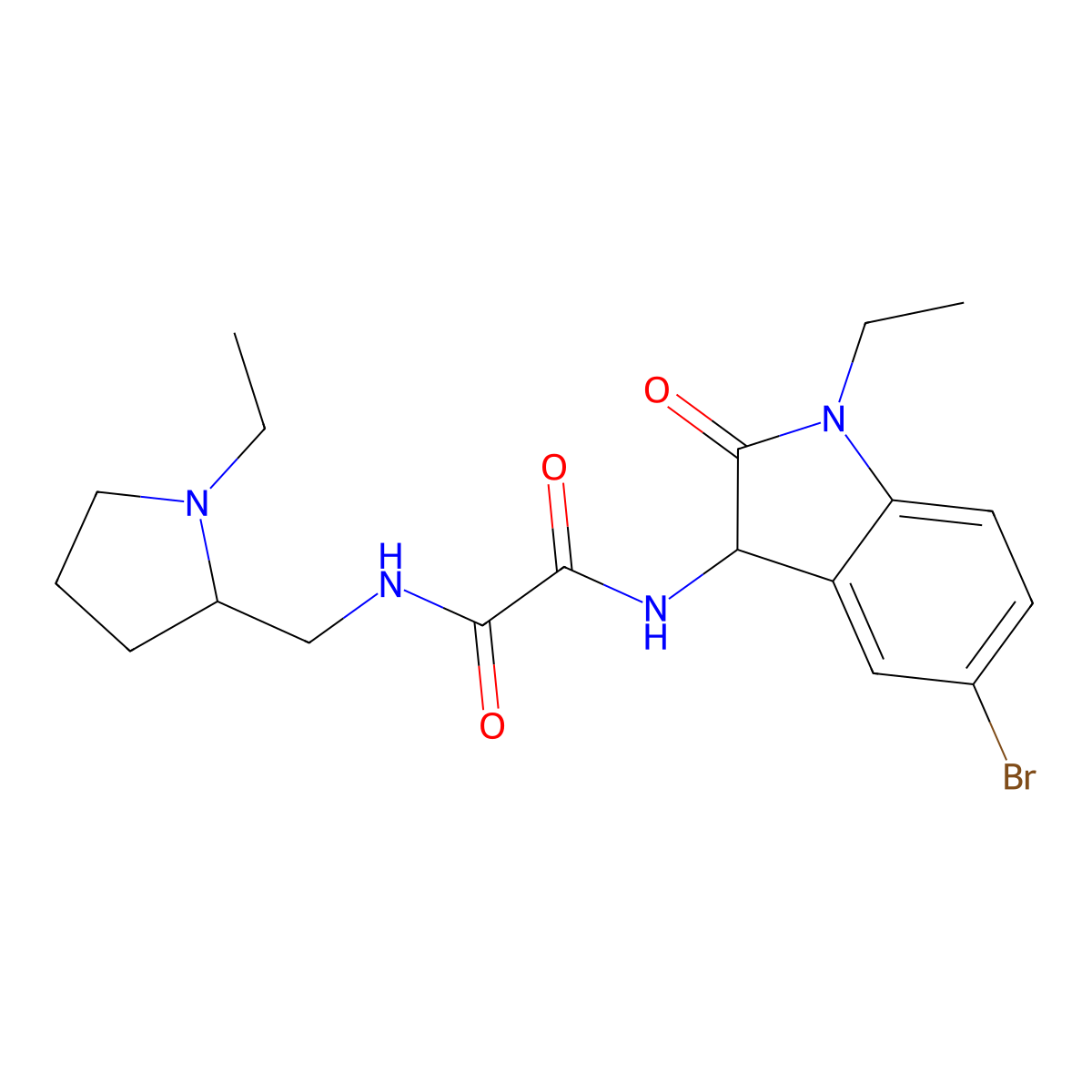 N-(5-bromo-1-ethyl-2-oxo-2,3-dihydro-1H-indol-3-yl)-N'-[(1-ethylpyrrolidin-2-yl)methyl]ethanediamide molecular structure, CAS 1025757-09-8
