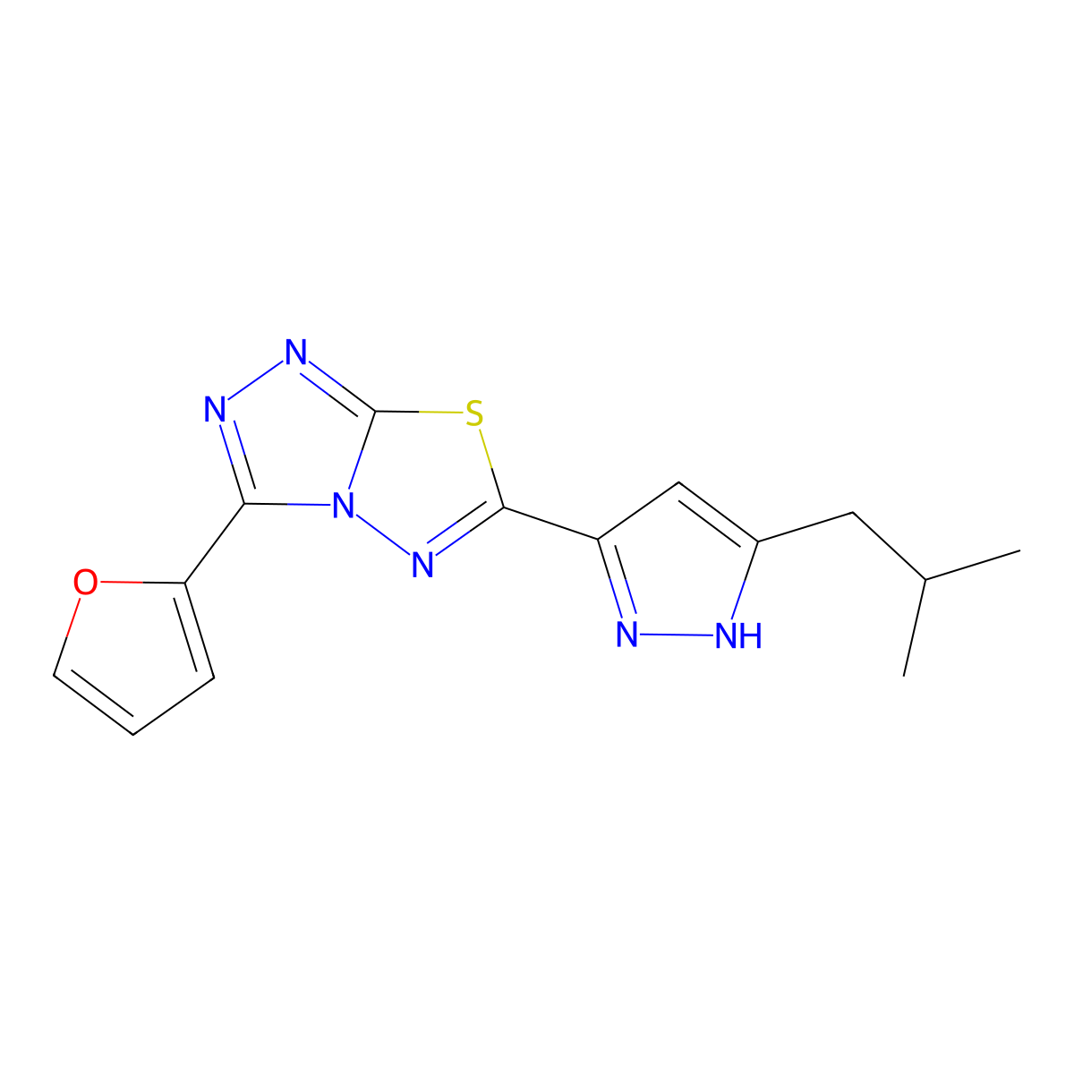 3-(2-furyl)-6-(3-isobutyl-1H-pyrazol-5-yl)[1,2,4]triazolo[3,4-b][1,3,4]thiadiazole molecular structure, CAS 1025757-67-8