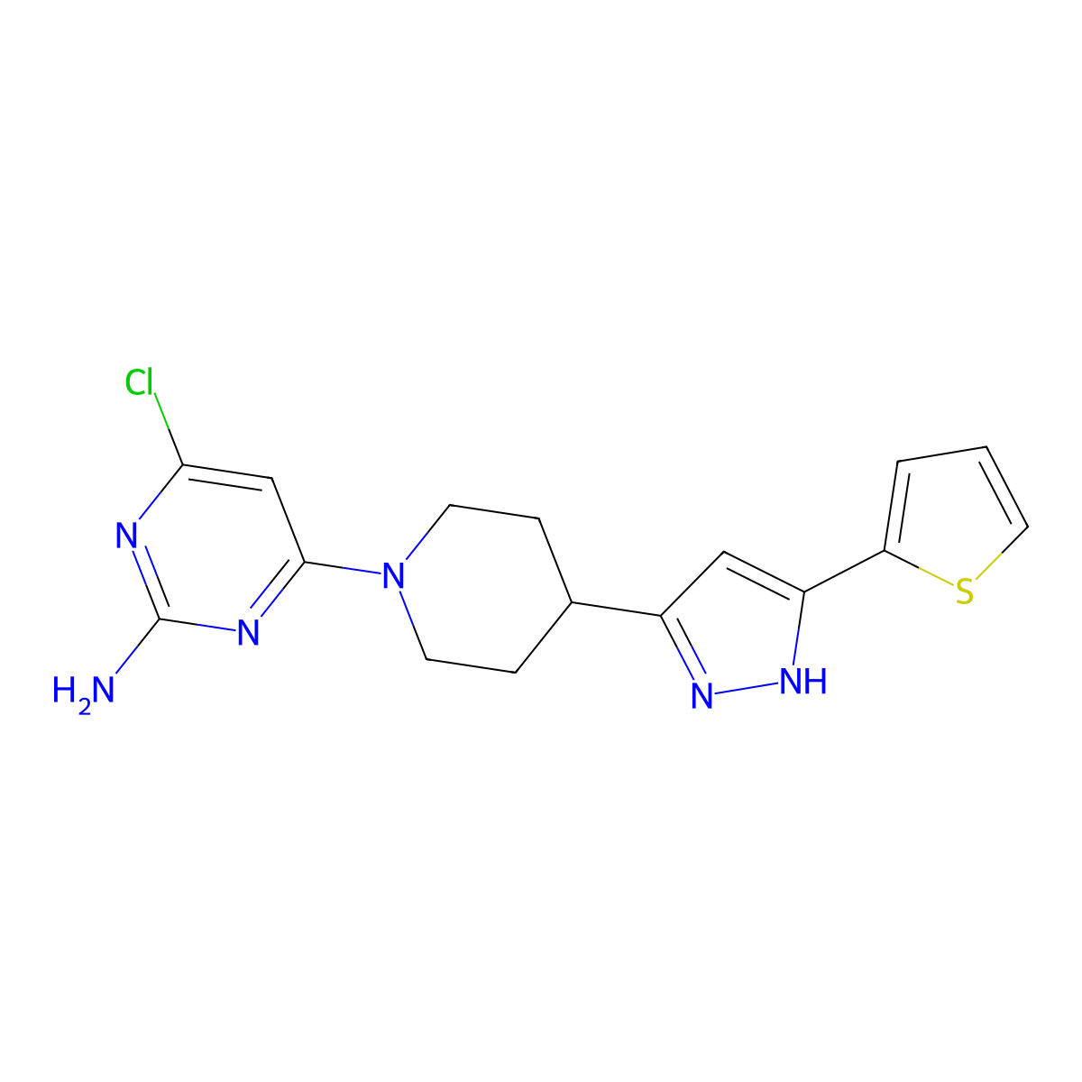 4-chloro-6-{4-[5-(2-thienyl)-1H-pyrazol-3-yl]piperidino}-2-pyrimidinylamine molecular structure, CAS 1025762-04-2