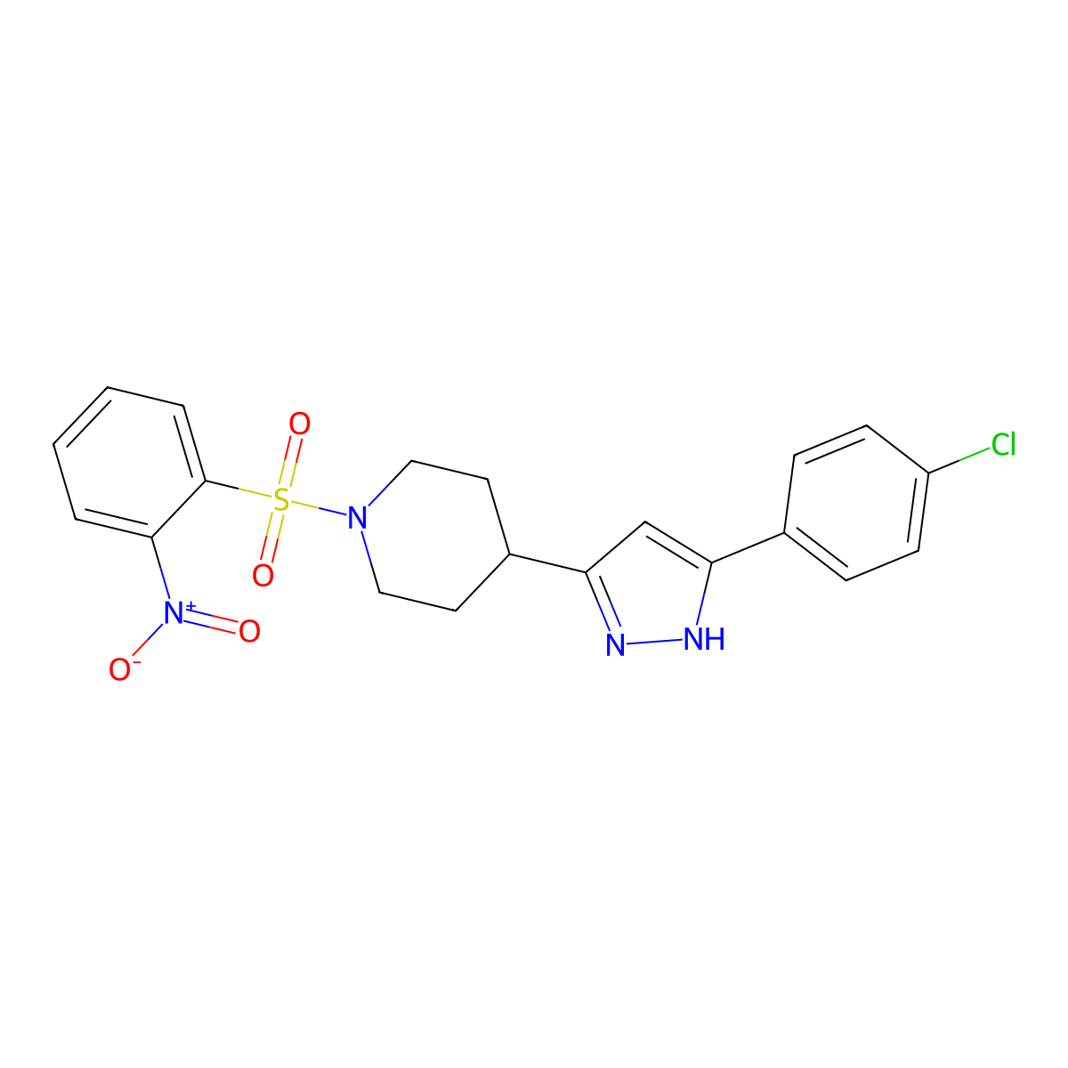 4-[3-(4-chlorophenyl)-1H-pyrazol-5-yl]-1-(2-nitrophenyl)sulfonylpiperidine molecular structure, CAS 1025770-01-7