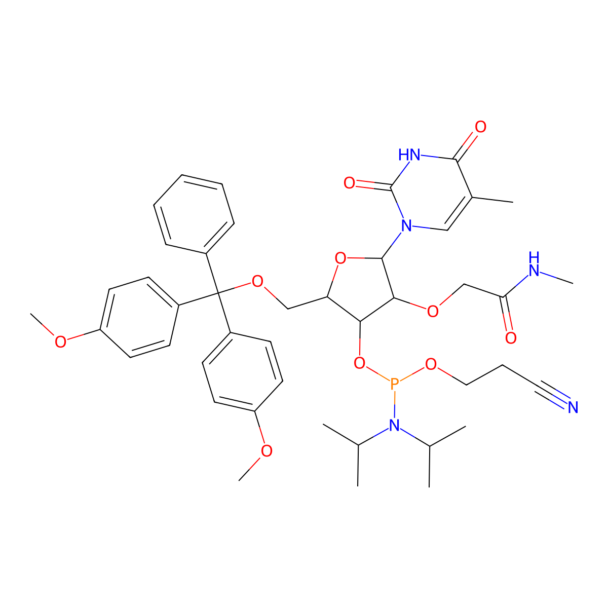 (2R,3R,4R,5R)-2-((bis(4-methoxyphenyl)(phenyl)methoxy)methyl)-5-(5-methyl-2,4-dioxo-3,4-dihydropyrimidin-1(2H)-yl)-4-(2-(methylamino)-2-oxoethoxy)tetrahydrofuran-3-yl (2-cyanoethyl) diisopropylphosphoramidite molecular structure, CAS 1025783-16-7