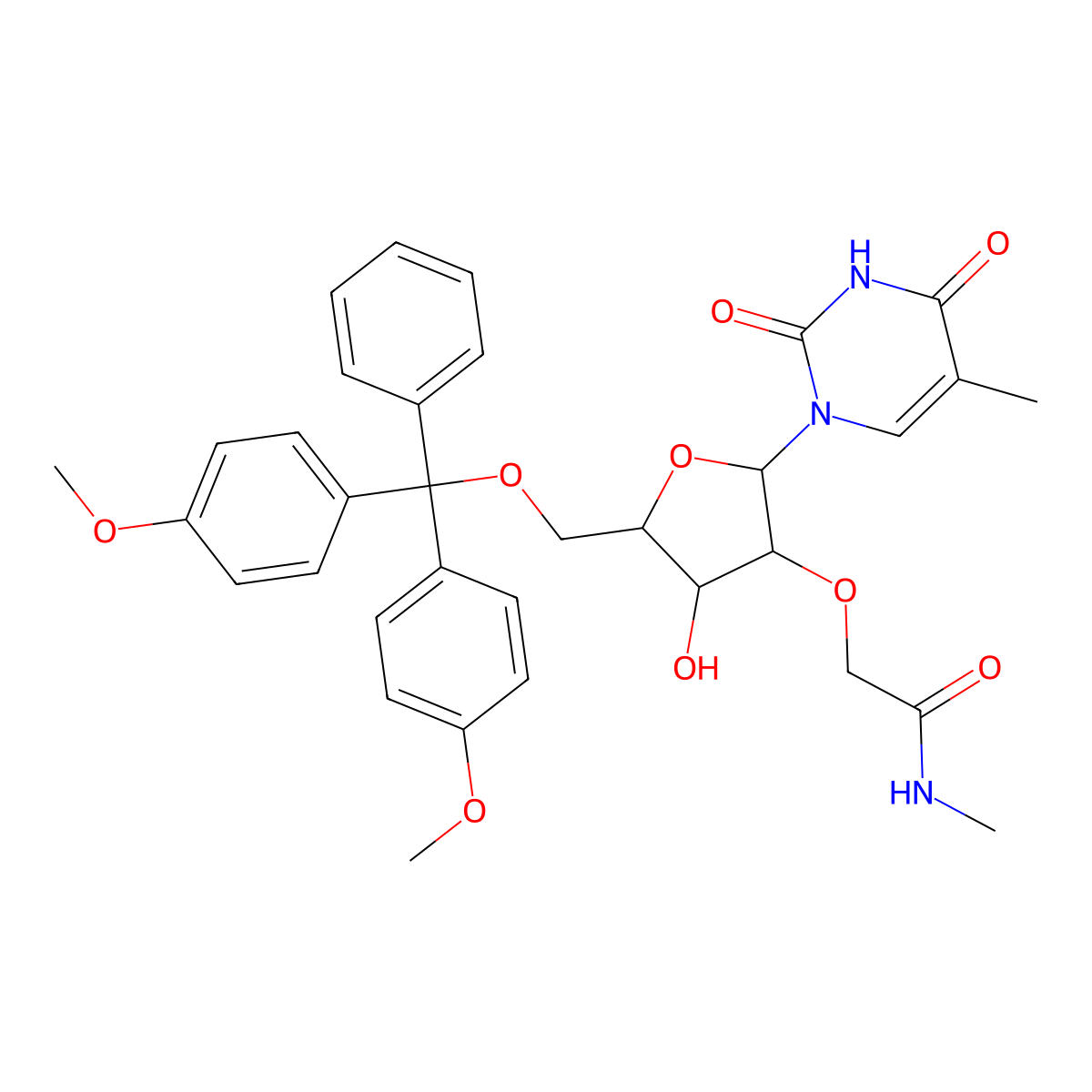 2-(((2R,3R,4R,5R)-5-((Bis(4-methoxyphenyl)(phenyl)methoxy)methyl)-4-hydroxy-2-(5-methyl-2,4-dioxo-3,4-dihydropyrimidin-1(2h)-yl)tetrahydrofuran-3-yl)oxy)-N-methylacetamide molecular structure, CAS 1025783-17-8