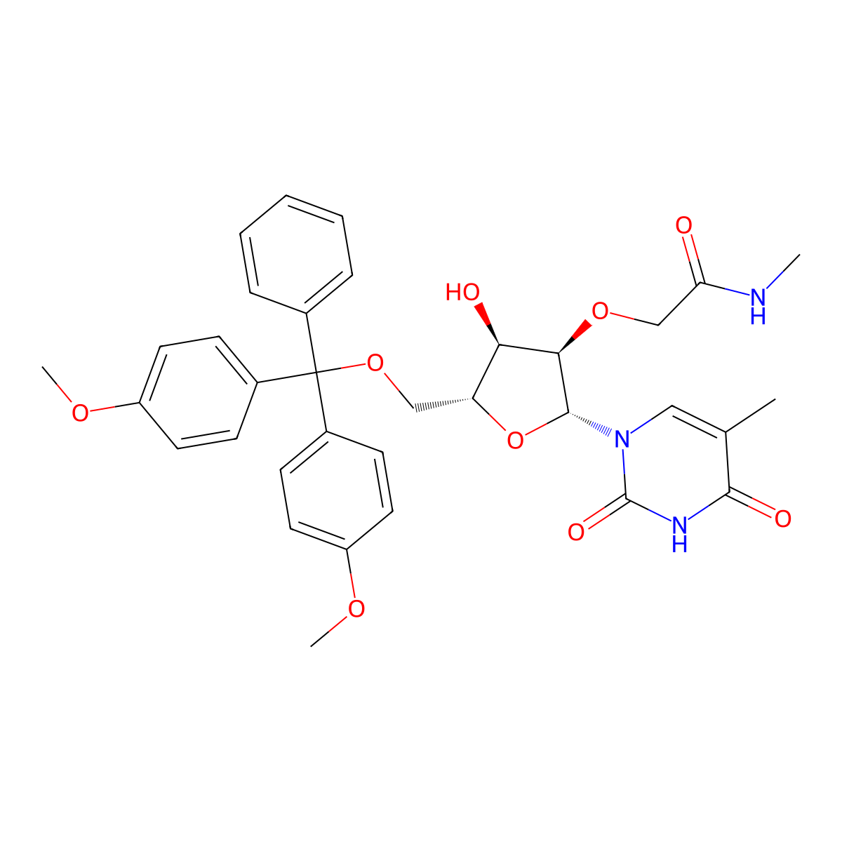 2-(((2R,3R,4R,5R)-5-((Bis(4-methoxyphenyl)(phenyl)methoxy)methyl)-4-hydroxy-2-(5-methyl-2,4-dioxo-3,4-dihydropyrimidin-1(2h)-yl)tetrahydrofuran-3-yl)oxy)-N-methylacetamide molecular structure, CAS 1025783-17-8