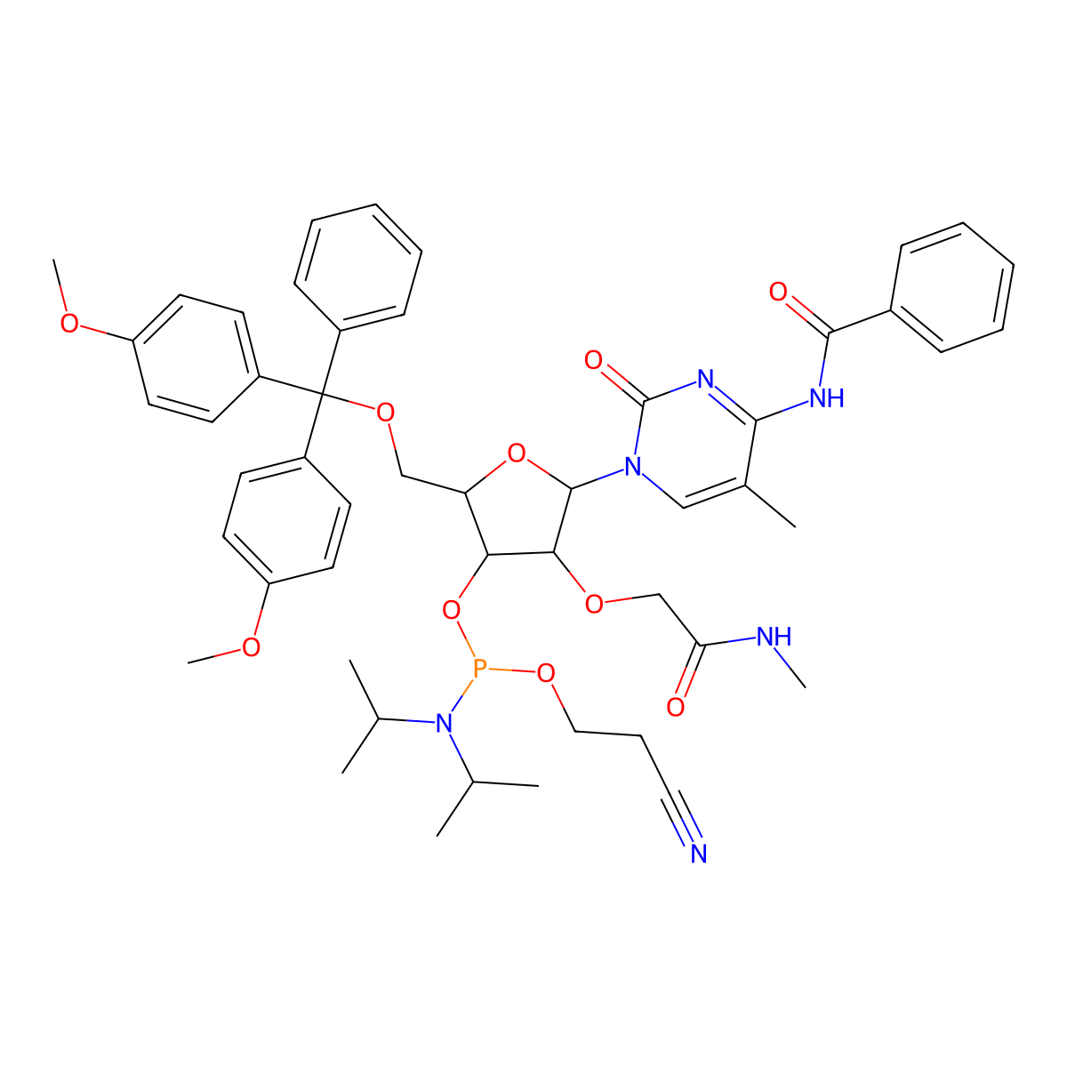 (2R,3R,4R,5R)-5-(4-benzamido-5-methyl-2-oxopyrimidin-1(2H)-yl)-2-((bis(4-methoxyphenyl)(phenyl)methoxy)methyl)-4-(2-(methylamino)-2-oxoethoxy)tetrahydrofuran-3-yl (2-cyanoethyl) diisopropylphosphoramidite molecular structure, CAS 1025783-18-9