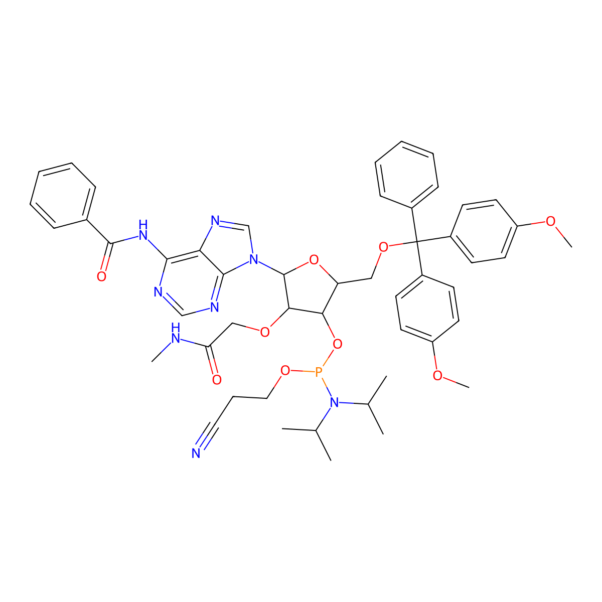 (2R,3R,4R,5R)-5-(6-Benzamido-9H-purin-9-yl)-2-((bis(4-methoxyphenyl)(phenyl)methoxy)methyl)-4-(2-(methylamino)-2-oxoethoxy)tetrahydrofuran-3-yl (2-cyanoethyl) diisopropylphosphoramidite molecular structure, CAS 1025783-20-3