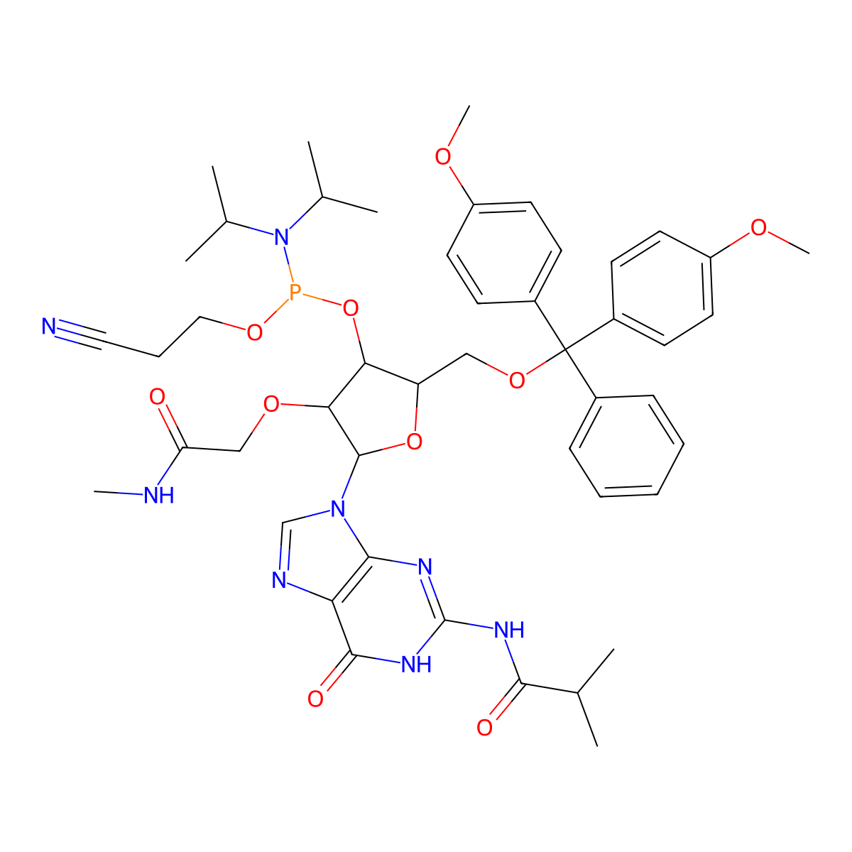(2R,3R,4R,5R)-2-((bis(4-methoxyphenyl)(phenyl)methoxy)methyl)-5-(2-isobutyramido-6-oxo-1H-purin-9(6H)-yl)-4-(2-(methylamino)-2-oxoethoxy)tetrahydrofuran-3-yl (2-cyanoethyl) diisopropylphosphoramidite molecular structure, CAS 1025783-22-5