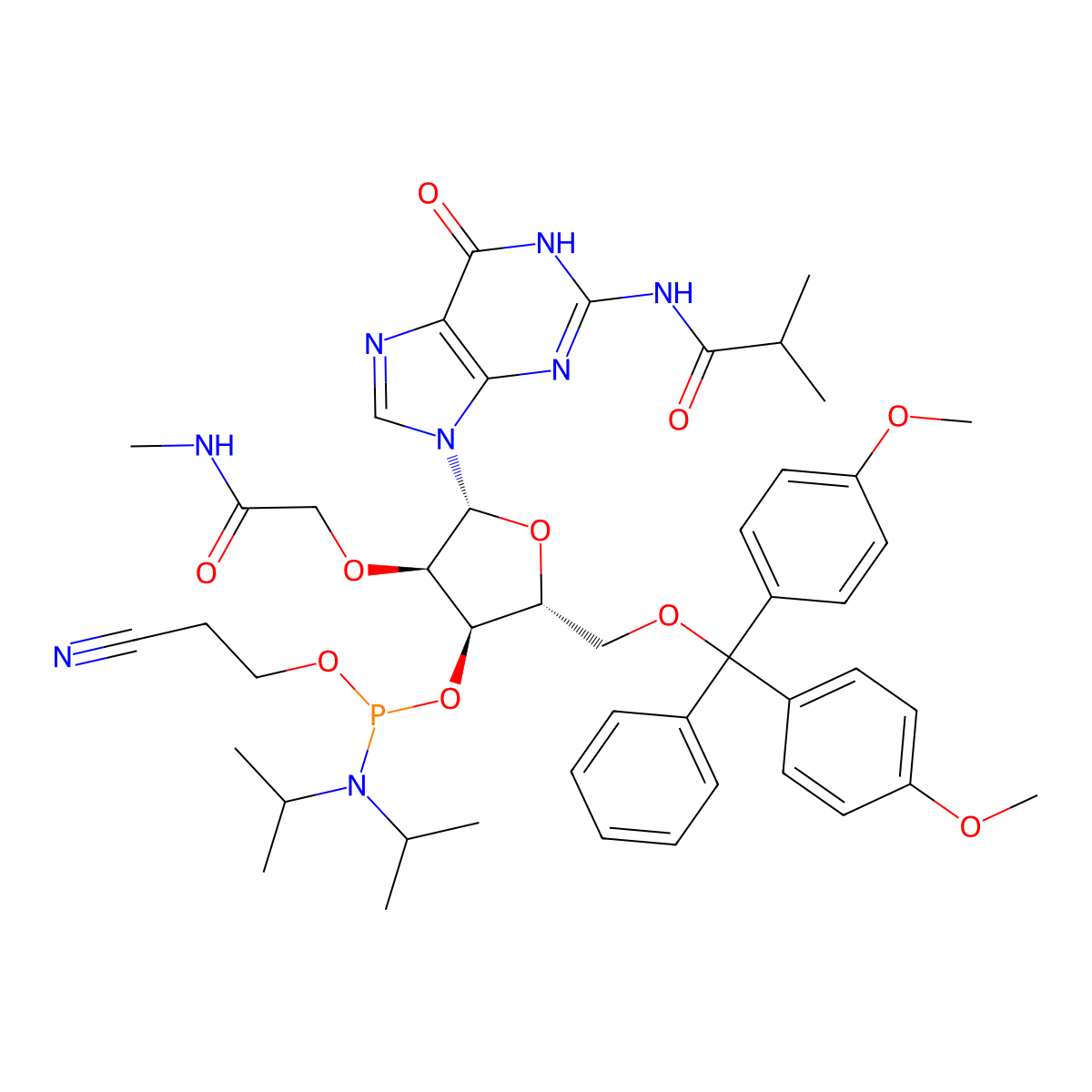 (2R,3R,4R,5R)-2-((bis(4-methoxyphenyl)(phenyl)methoxy)methyl)-5-(2-isobutyramido-6-oxo-1H-purin-9(6H)-yl)-4-(2-(methylamino)-2-oxoethoxy)tetrahydrofuran-3-yl (2-cyanoethyl) diisopropylphosphoramidite molecular structure, CAS 1025783-22-5