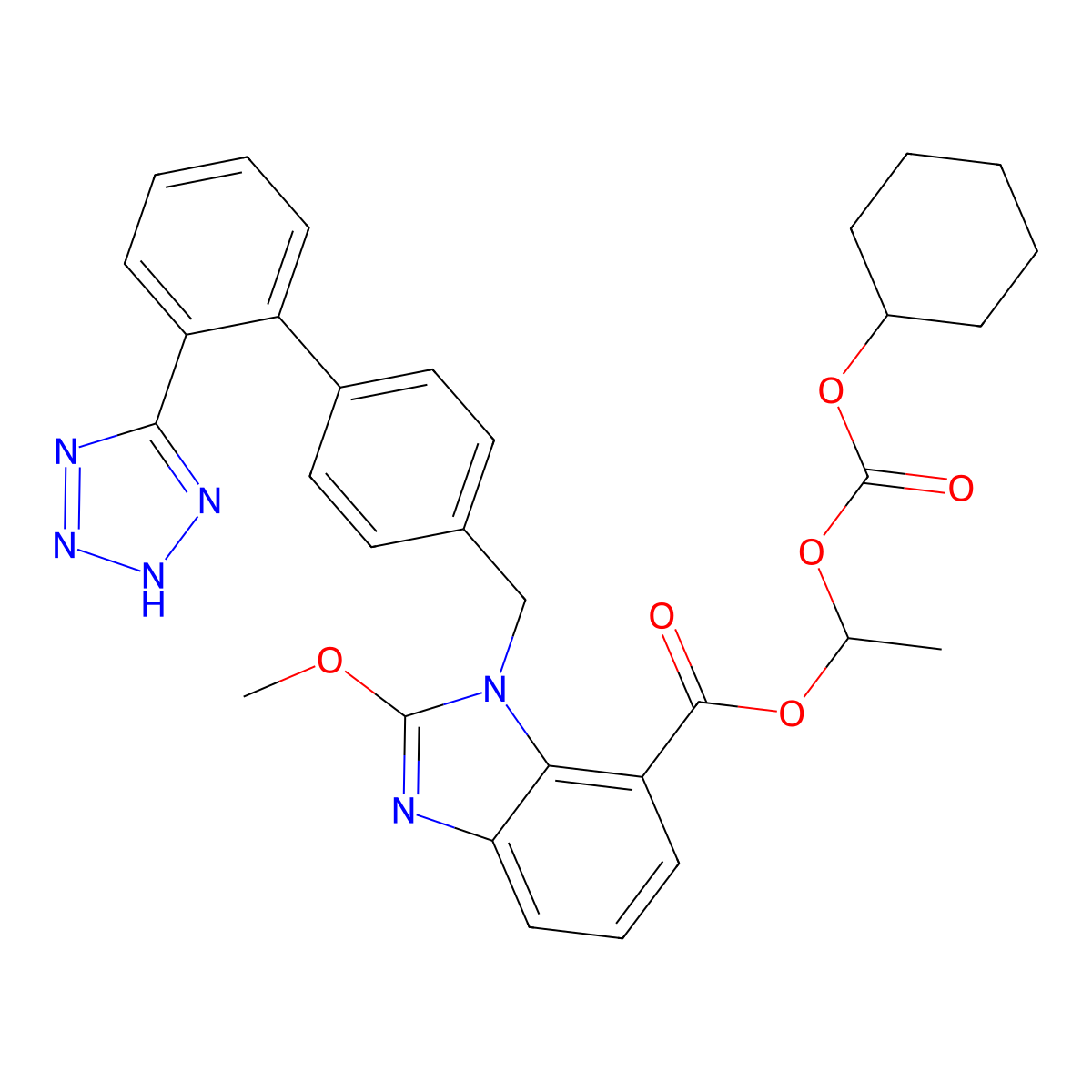 1-cyclohexyloxycarbonyloxyethyl 2-methoxy-3-[[4-[2-(2H-tetrazol-5-yl)phenyl]phenyl]methyl]benzimidazole-4-carboxylate molecular structure, CAS 1026042-12-5