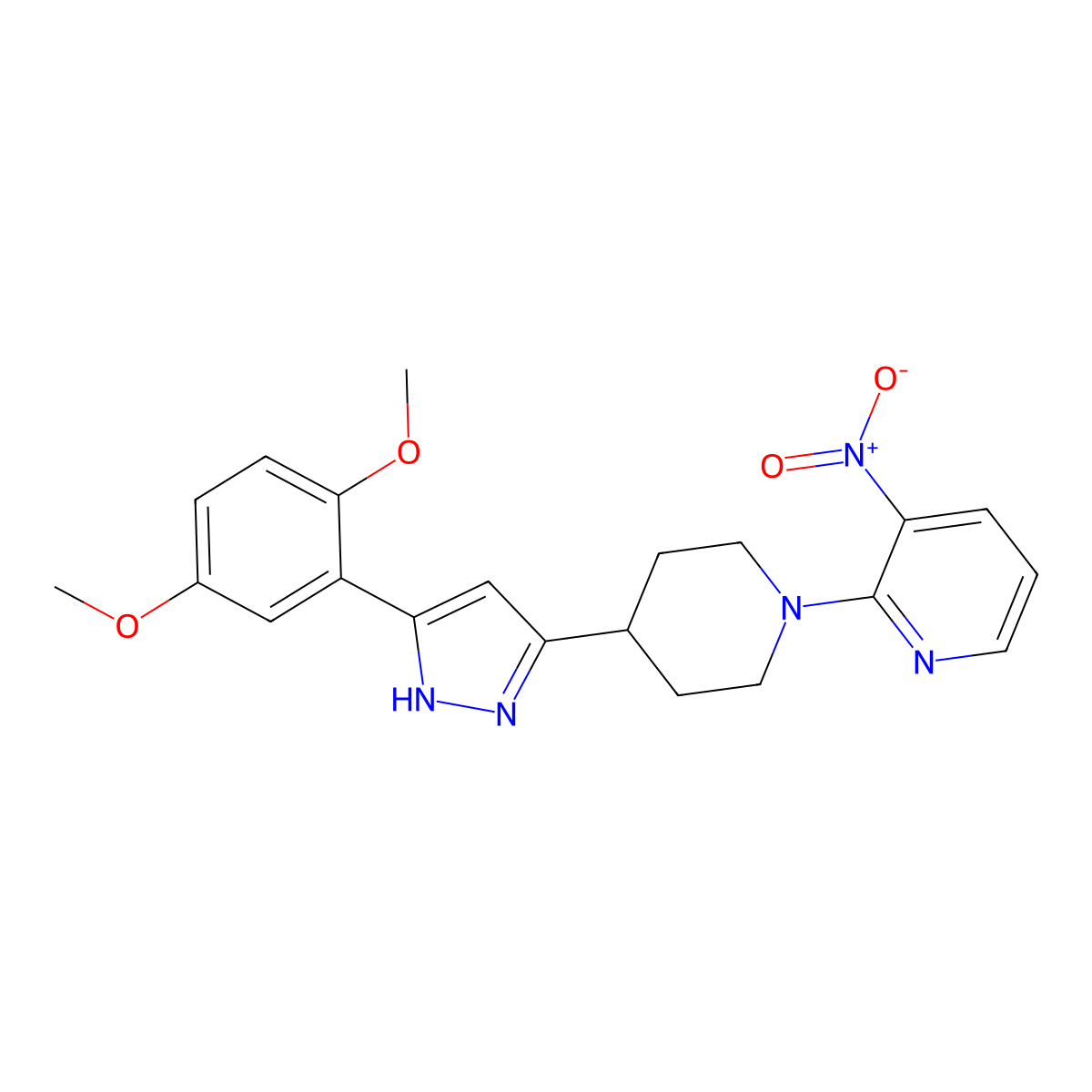 2-[4-[3-(2,5-dimethoxyphenyl)-1H-pyrazol-5-yl]piperidin-1-yl]-3-nitropyridine molecular structure, CAS 1026077-65-5