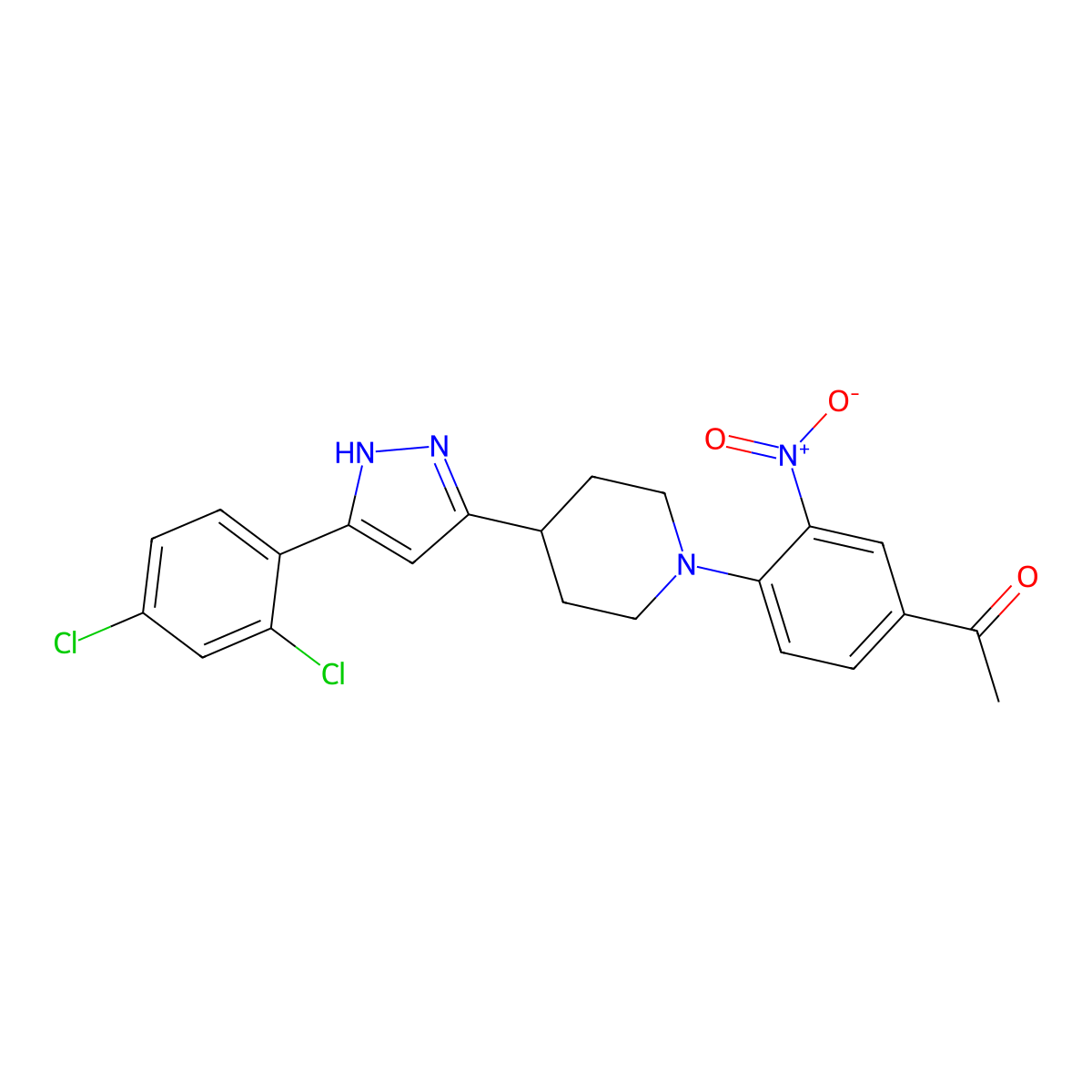 1-(4-{4-[5-(2,4-dichlorophenyl)-1H-pyrazol-3-yl]piperidino}-3-nitrophenyl)-1-ethanone molecular structure, CAS 1026078-87-4