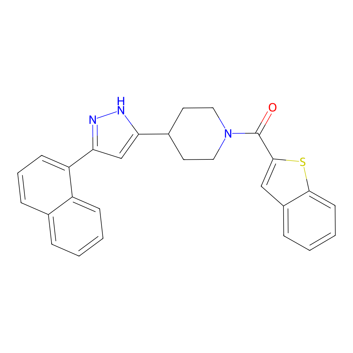 1-benzothiophen-2-yl-[4-(3-naphthalen-1-yl-1H-pyrazol-5-yl)piperidin-1-yl]methanone molecular structure, CAS 1026079-83-3