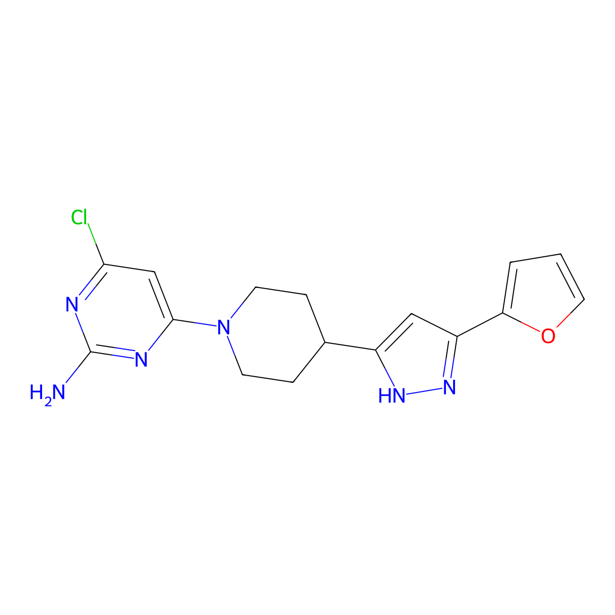 4-chloro-6-{4-[5-(2-furyl)-1H-pyrazol-3-yl]piperidino}-2-pyrimidinylamine molecular structure, CAS 1026080-38-5