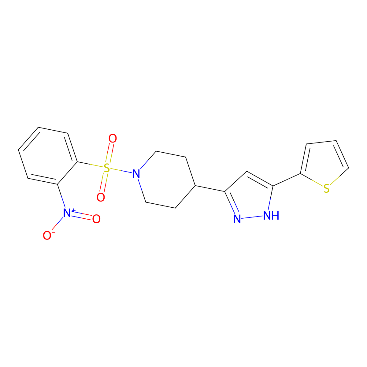 1-[(2-nitrophenyl)sulfonyl]-4-[5-(2-thienyl)-1H-pyrazol-3-yl]piperidine molecular structure, CAS 1026099-77-3