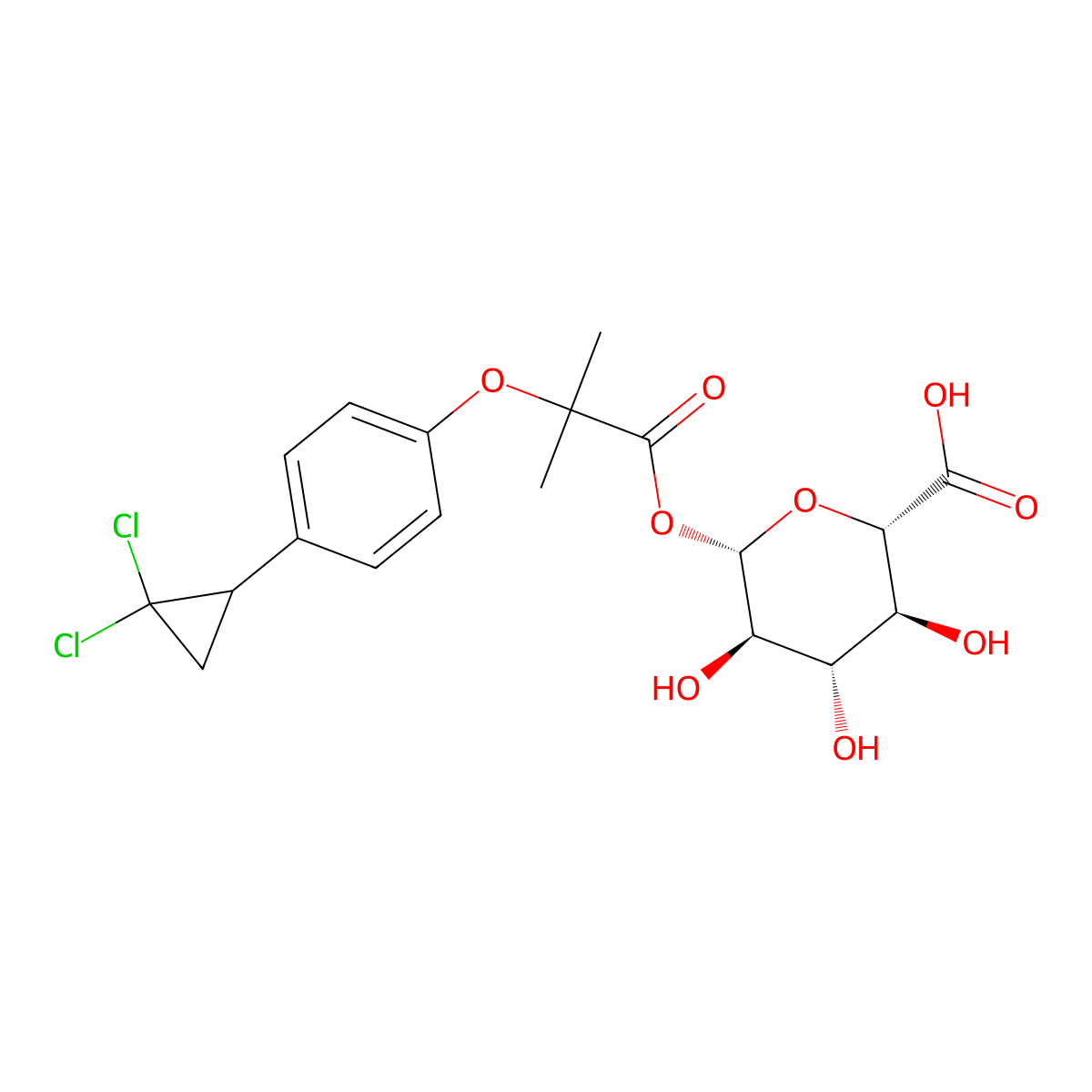 (2S,3S,4S,5R,6S)-6-[2-[4-(2,2-dichlorocyclopropyl)phenoxy]-2-methylpropanoyl]oxy-3,4,5-trihydroxyoxane-2-carboxylic acid molecular structure, CAS 102623-15-4