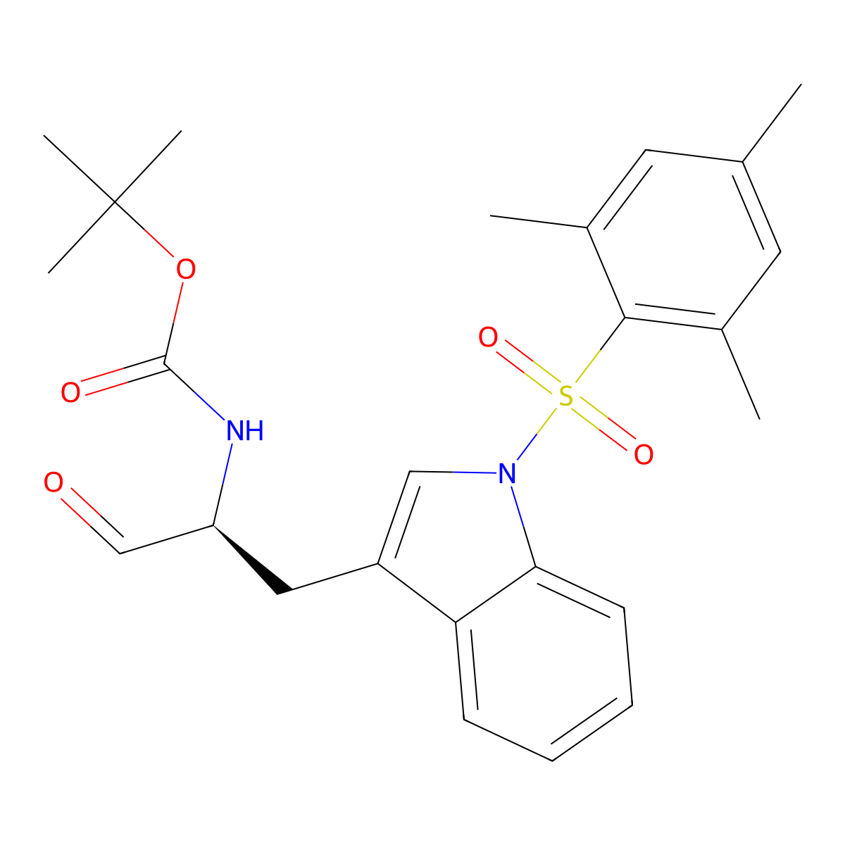 N-Boc-2(S)-2-amino-3-{1-[(2,4,6-trimethylphenyl)sulfonyl]-1H-indol-3-yl}propanal molecular structure, CAS 1026493-36-6