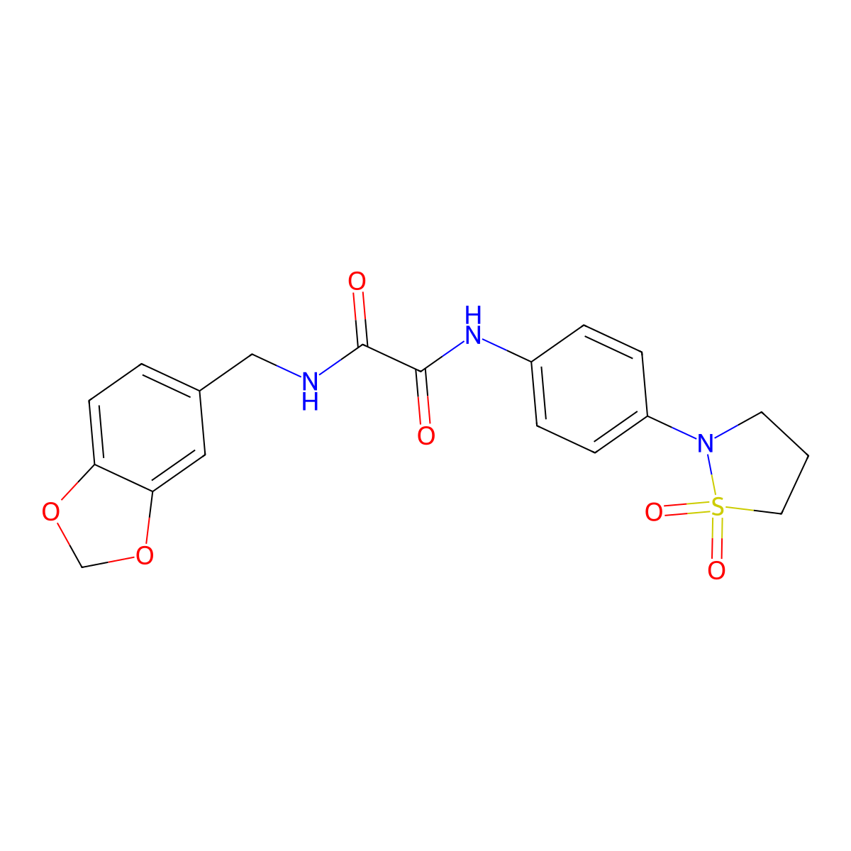 N1-(benzo[d][1,3]dioxol-5-ylmethyl)-N2-(4-(1,1-dioxidoisothiazolidin-2-yl)phenyl)oxalamide molecular structure, CAS 1026693-93-5