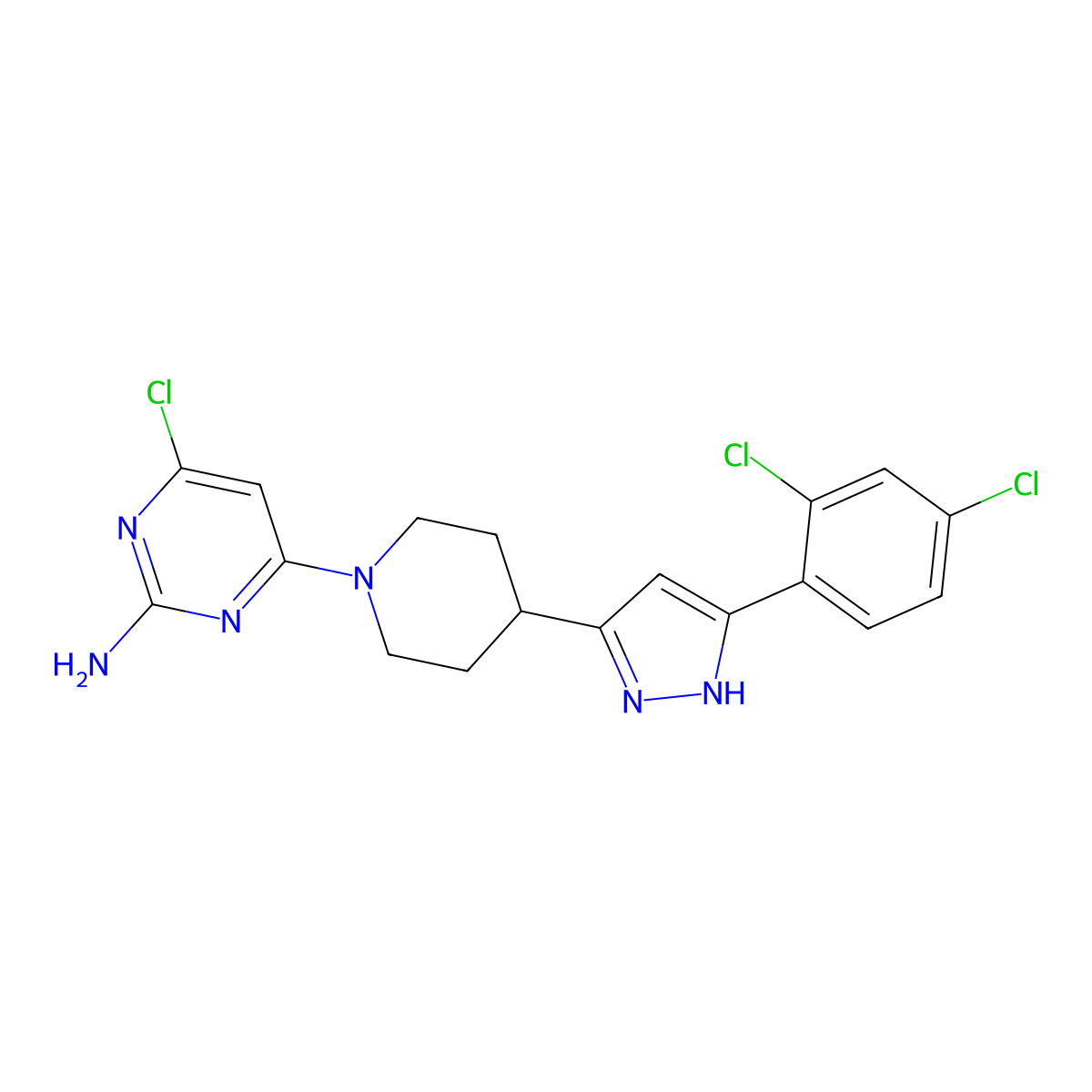 4-chloro-6-[4-[3-(2,4-dichlorophenyl)-1H-pyrazol-5-yl]piperidin-1-yl]pyrimidin-2-amine molecular structure, CAS 1026764-48-6