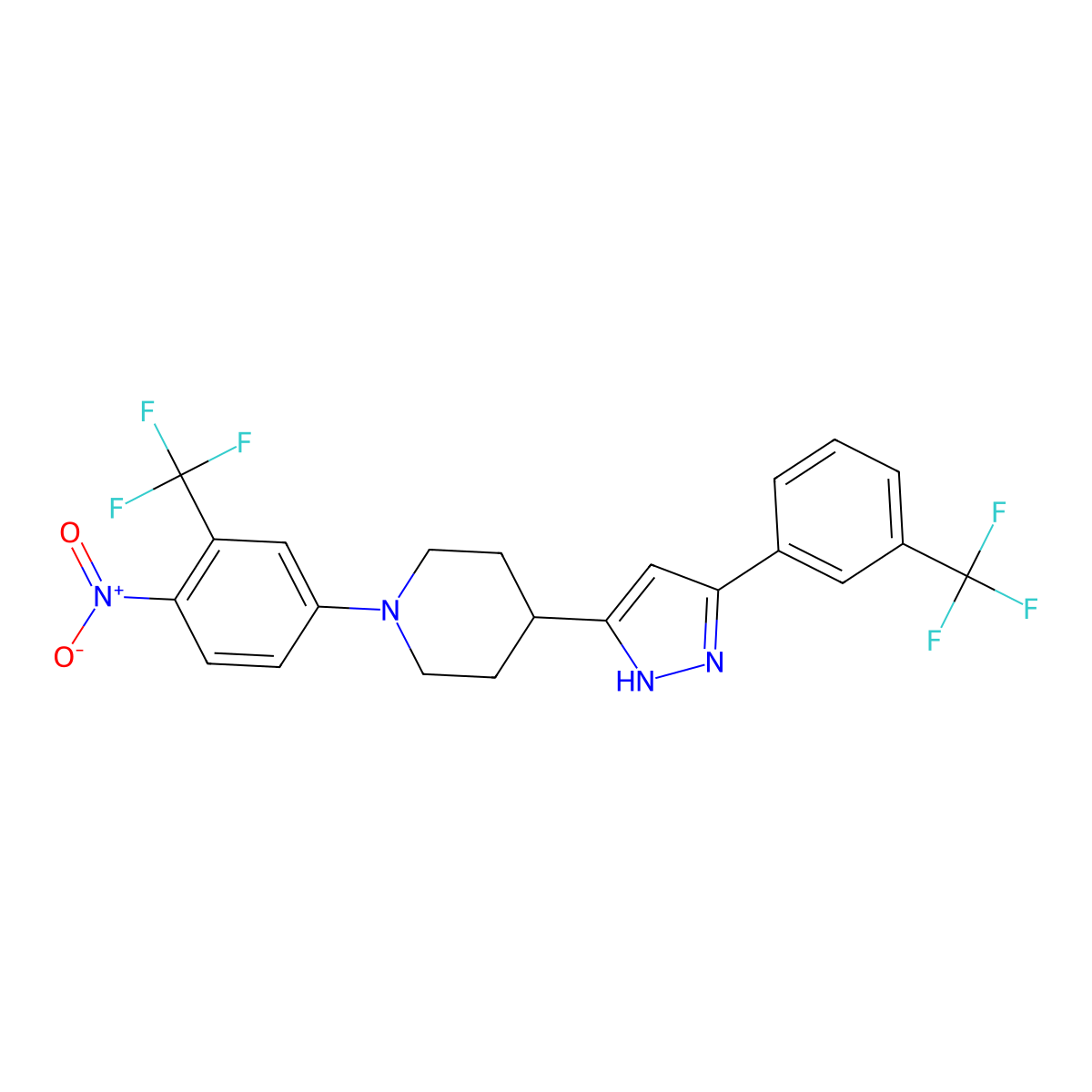 1-[4-nitro-3-(trifluoromethyl)phenyl]-4-{5-[3-(trifluoromethyl)phenyl]-1H-pyrazol-3-yl}piperidine molecular structure, CAS 1026780-29-9