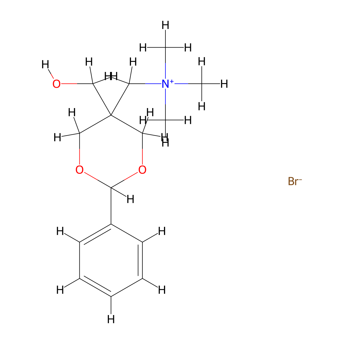 Ammonium, ((5-(hydroxymethyl)-2-phenyl-m-dioxan-5-yl)methyl)trimethyl-, bromide molecular structure, CAS 1027-93-6