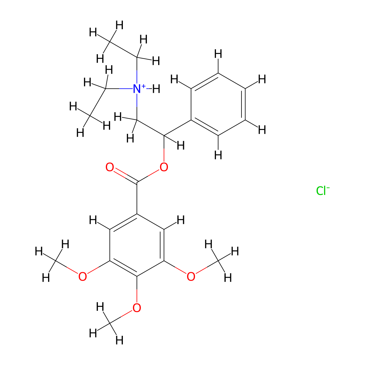 2-(Diethylamino)-1-phenylethyl 3,4,5-trimethoxybenzoate--hydrogen chloride (1/1) molecular structure, CAS 102701-04-2