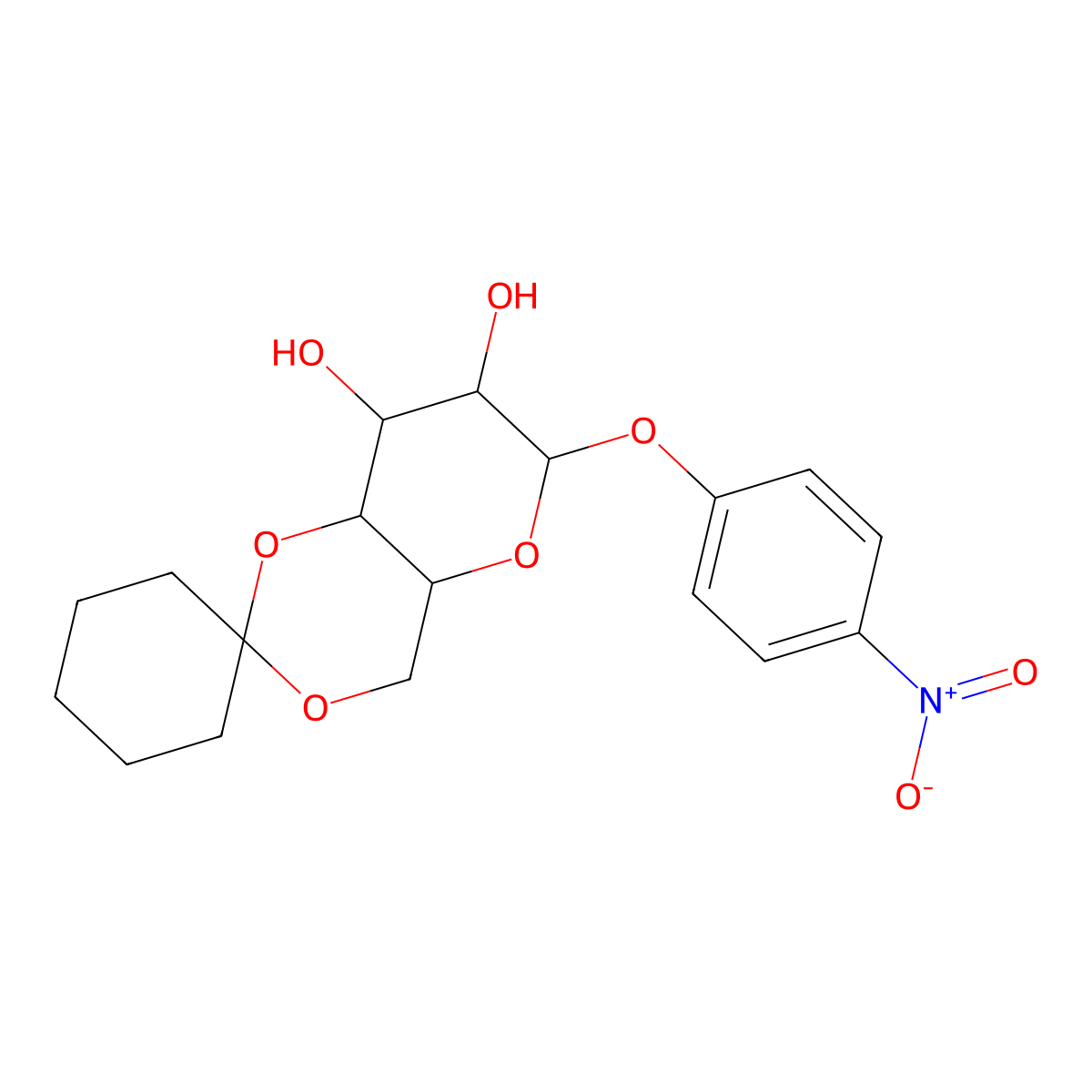 (4Ar,6S,7S,8R,8aS)-6-(4-nitrophenoxy)spiro[4,4a,6,7,8,8a-hexahydropyrano[3,2-d][1,3]dioxine-2,1'-cyclohexane]-7,8-diol molecular structure, CAS 102717-16-8