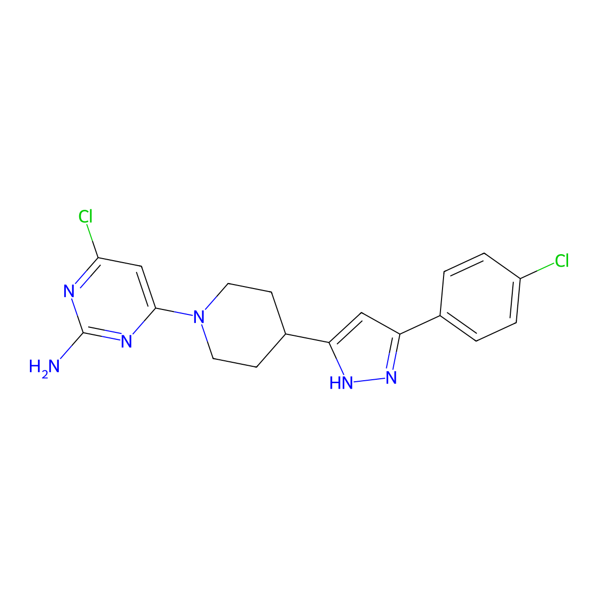 4-chloro-6-{4-[5-(4-chlorophenyl)-1H-pyrazol-3-yl]piperidino}-2-pyrimidinamine molecular structure, CAS 1027619-77-7
